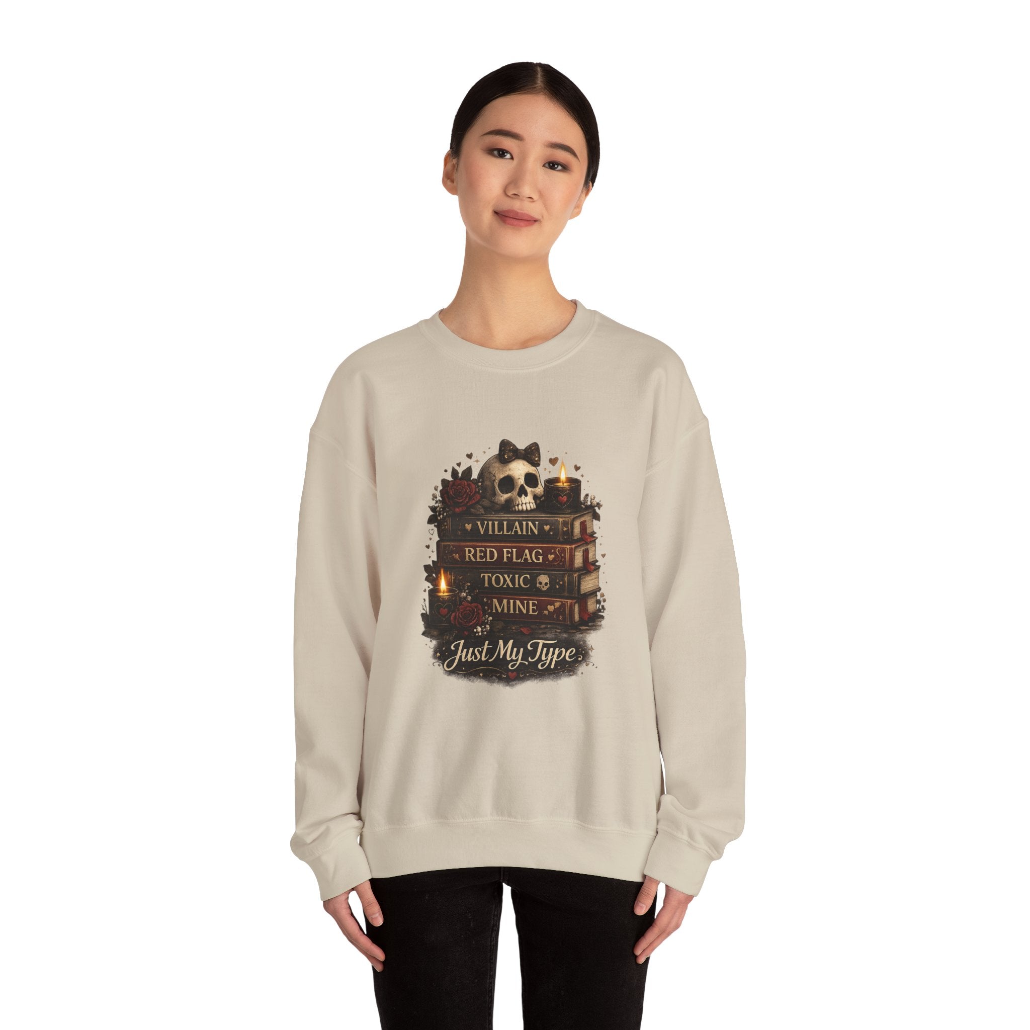 Crewneck Sweatshirt - "Just My Type" Stacked Books & Skull Gothic Design