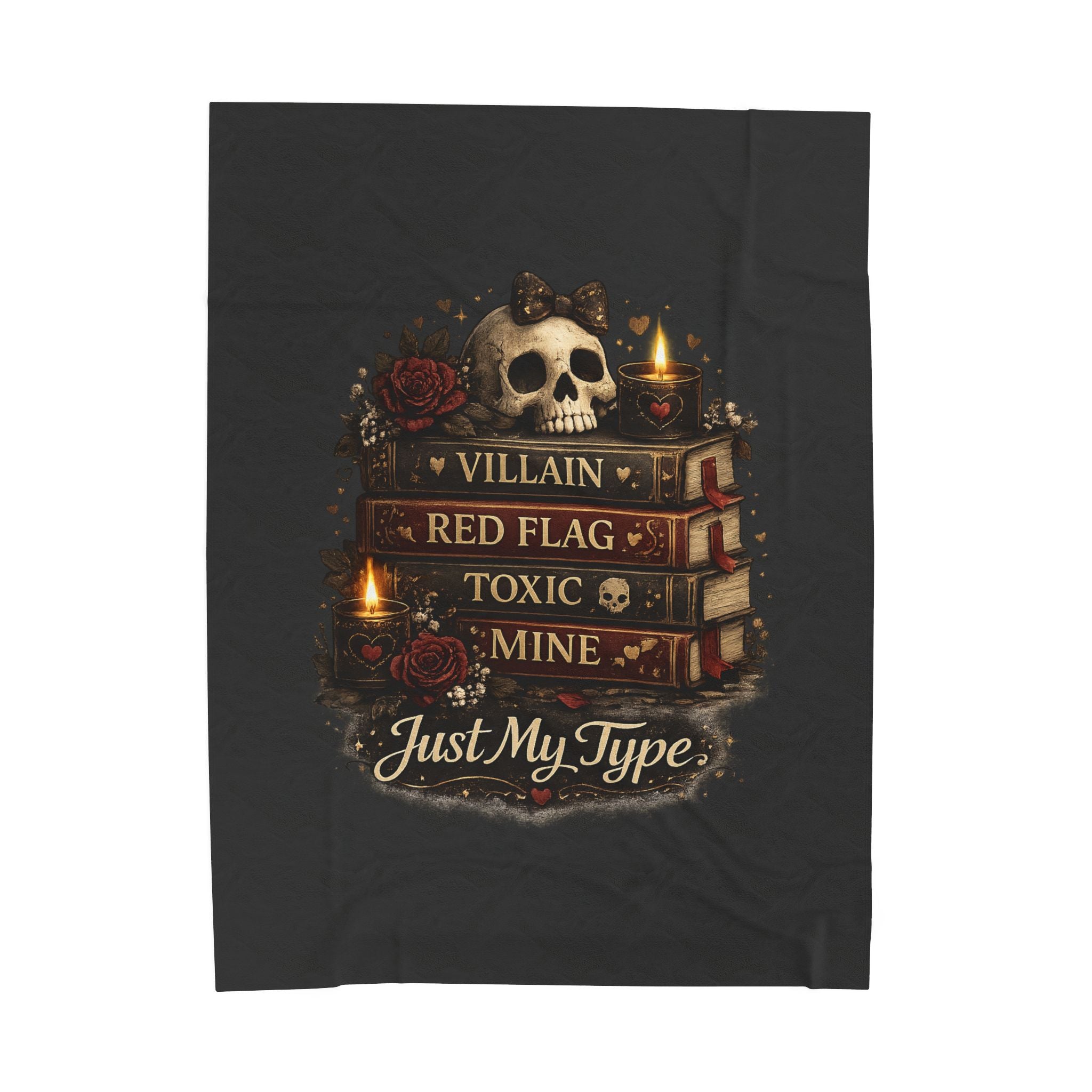 Velveteen Plush Blanket — 'Just My Type' Gothic Skull & Book Stack Cozy Throw