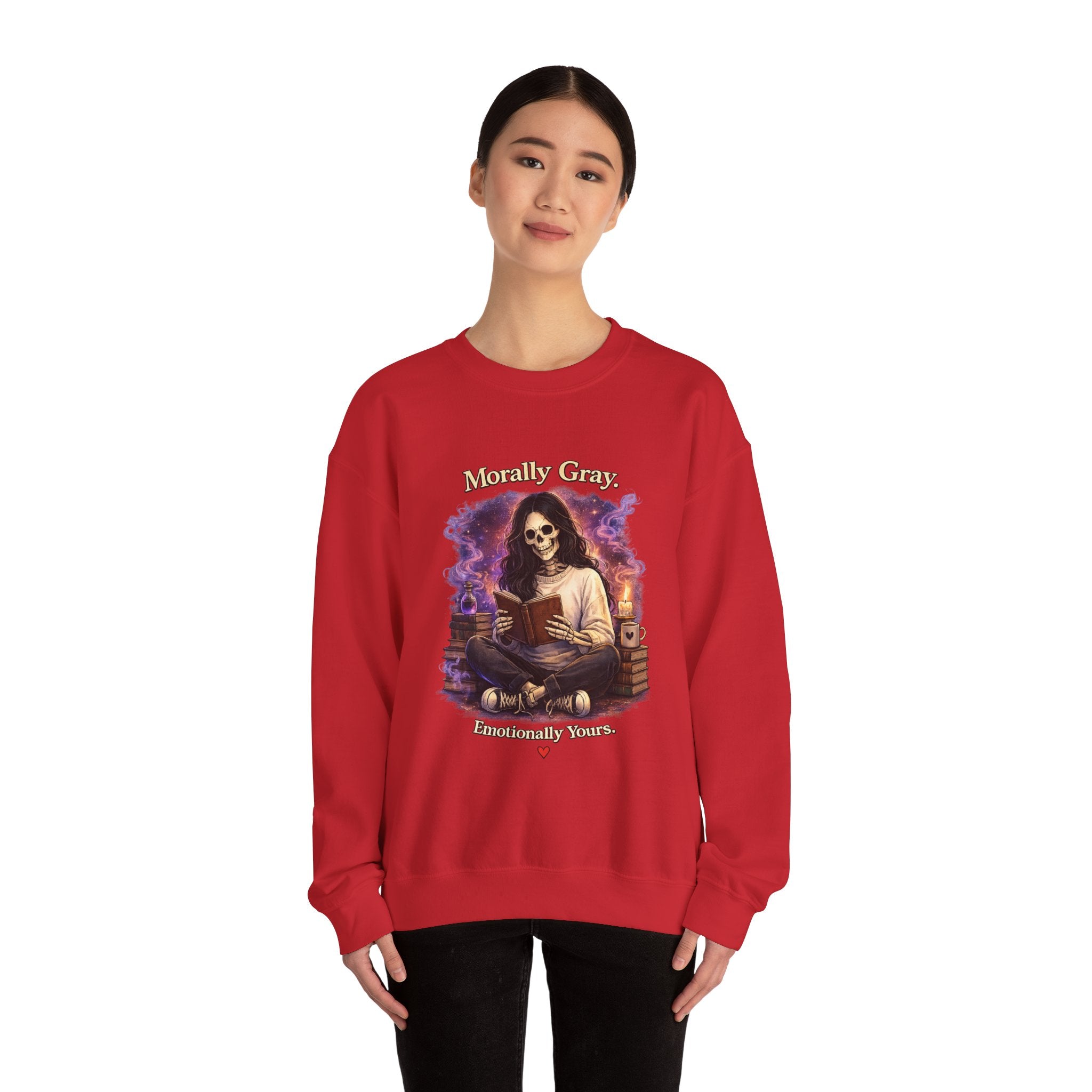 Skull Reader Sweatshirt — 'Morally Grey, Academically Blessed' Gothic Crewneck