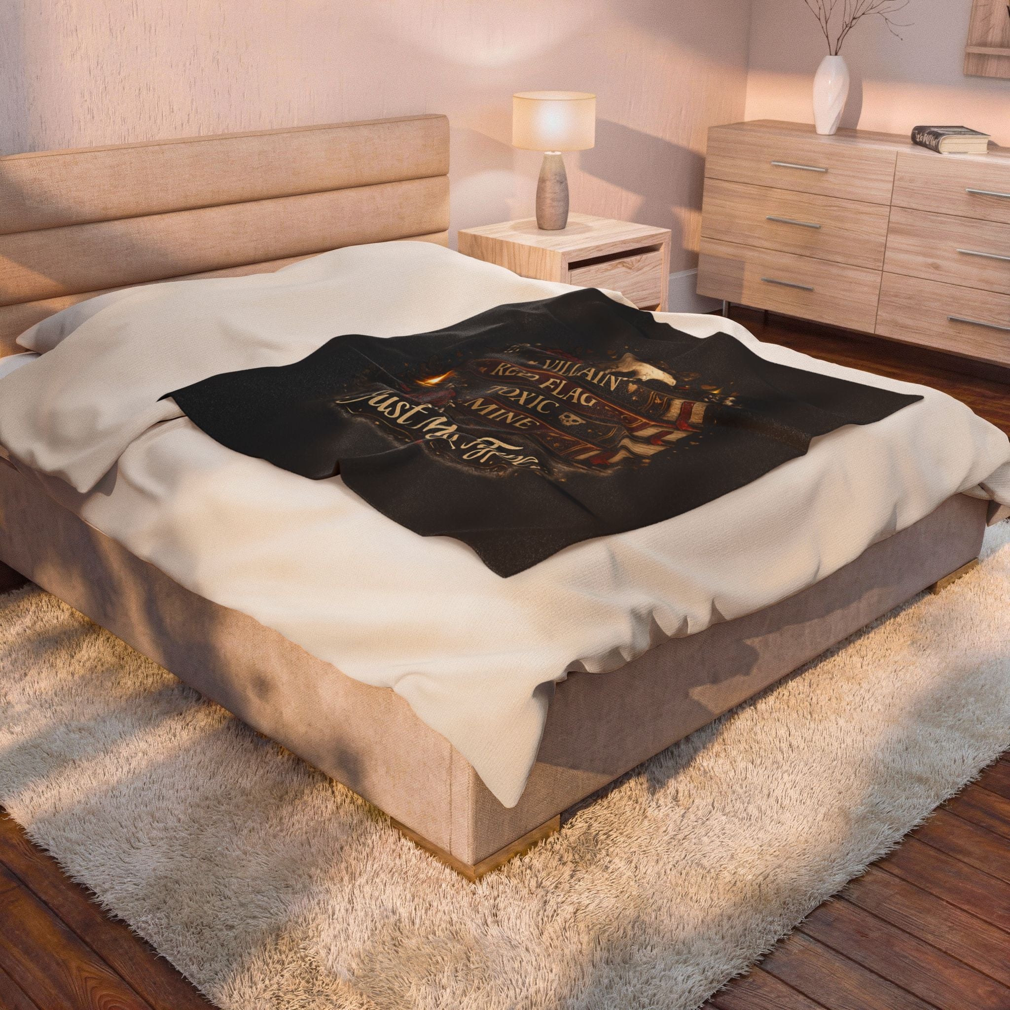 Velveteen Plush Blanket — 'Just My Type' Gothic Skull & Book Stack Cozy Throw