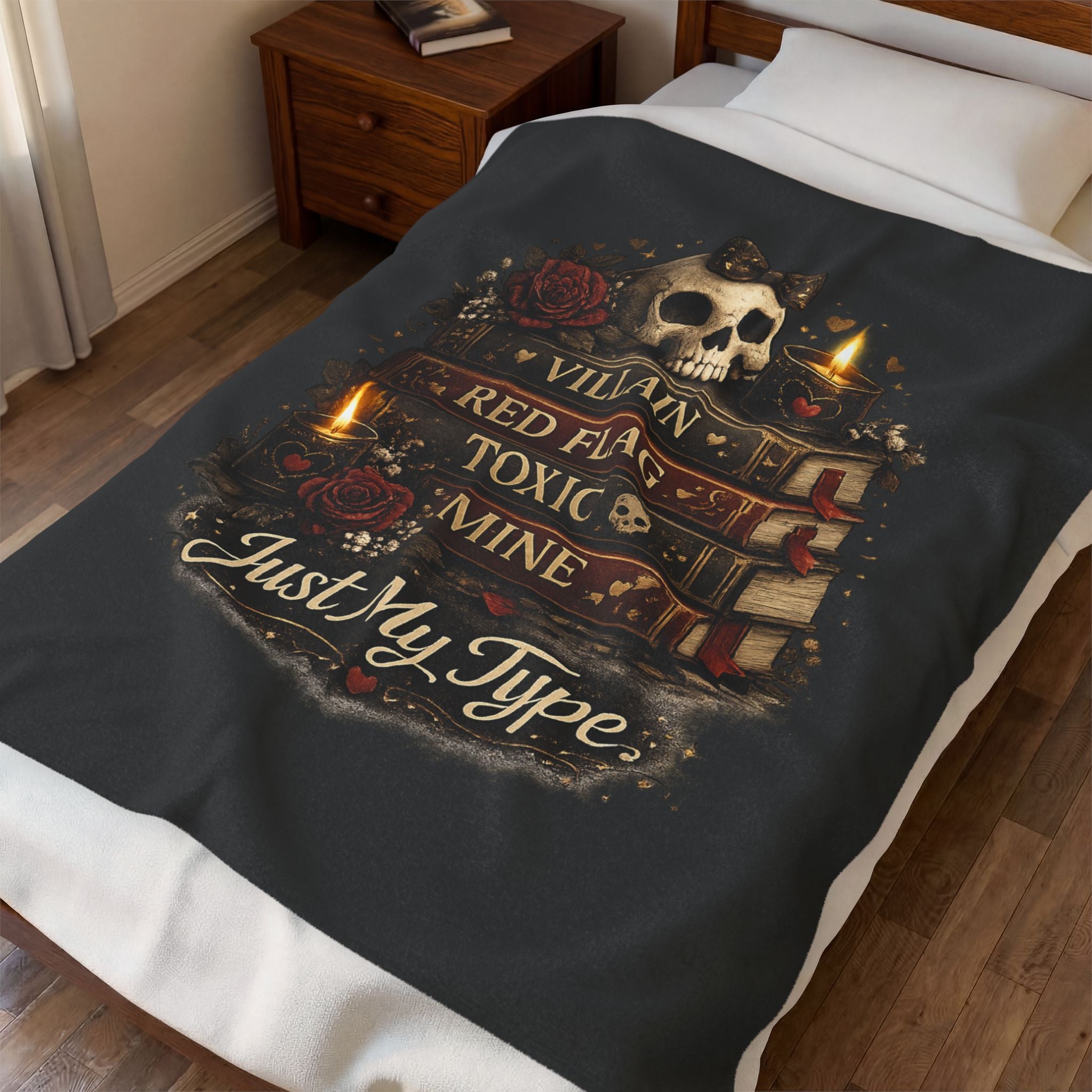 Velveteen Plush Blanket — 'Just My Type' Gothic Skull & Book Stack Cozy Throw