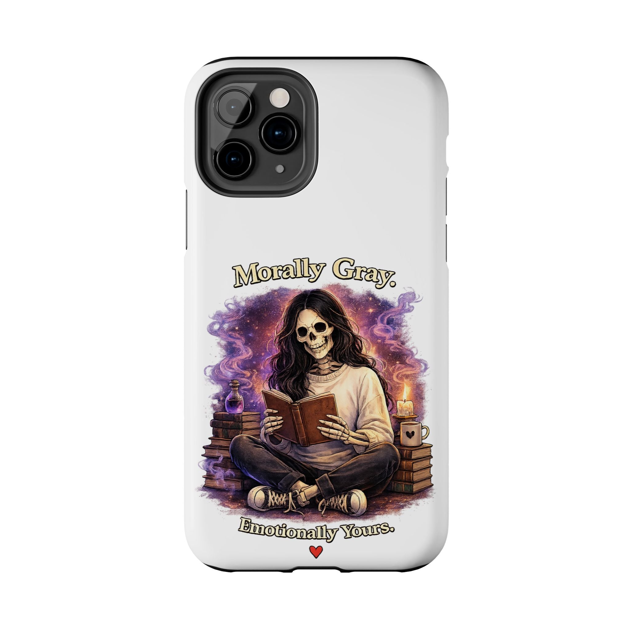 Morally Gray, Emotionally Yours Phone Case — Gothic Skeleton Booklover Protective Case
