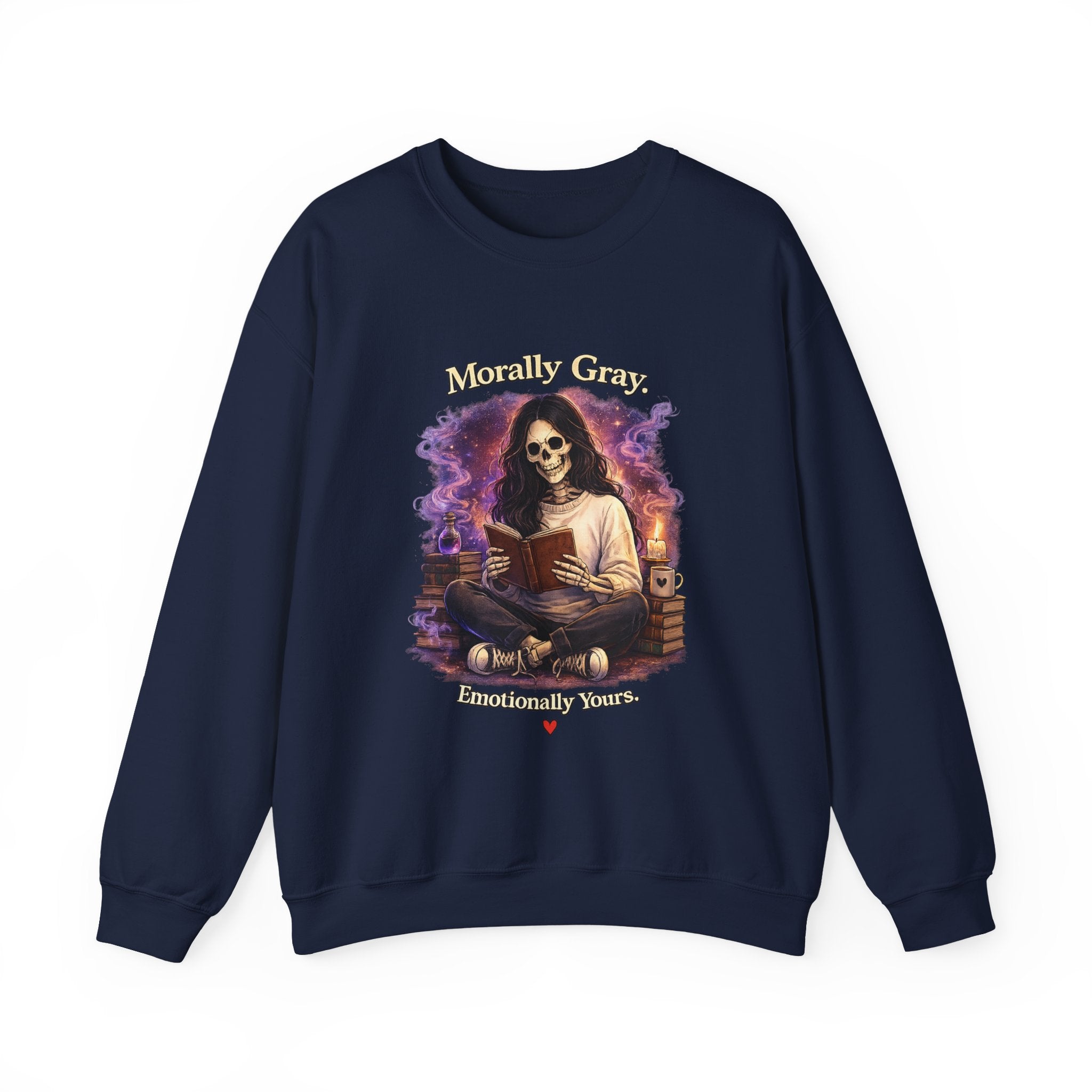 Skull Reader Sweatshirt — 'Morally Grey, Academically Blessed' Gothic Crewneck