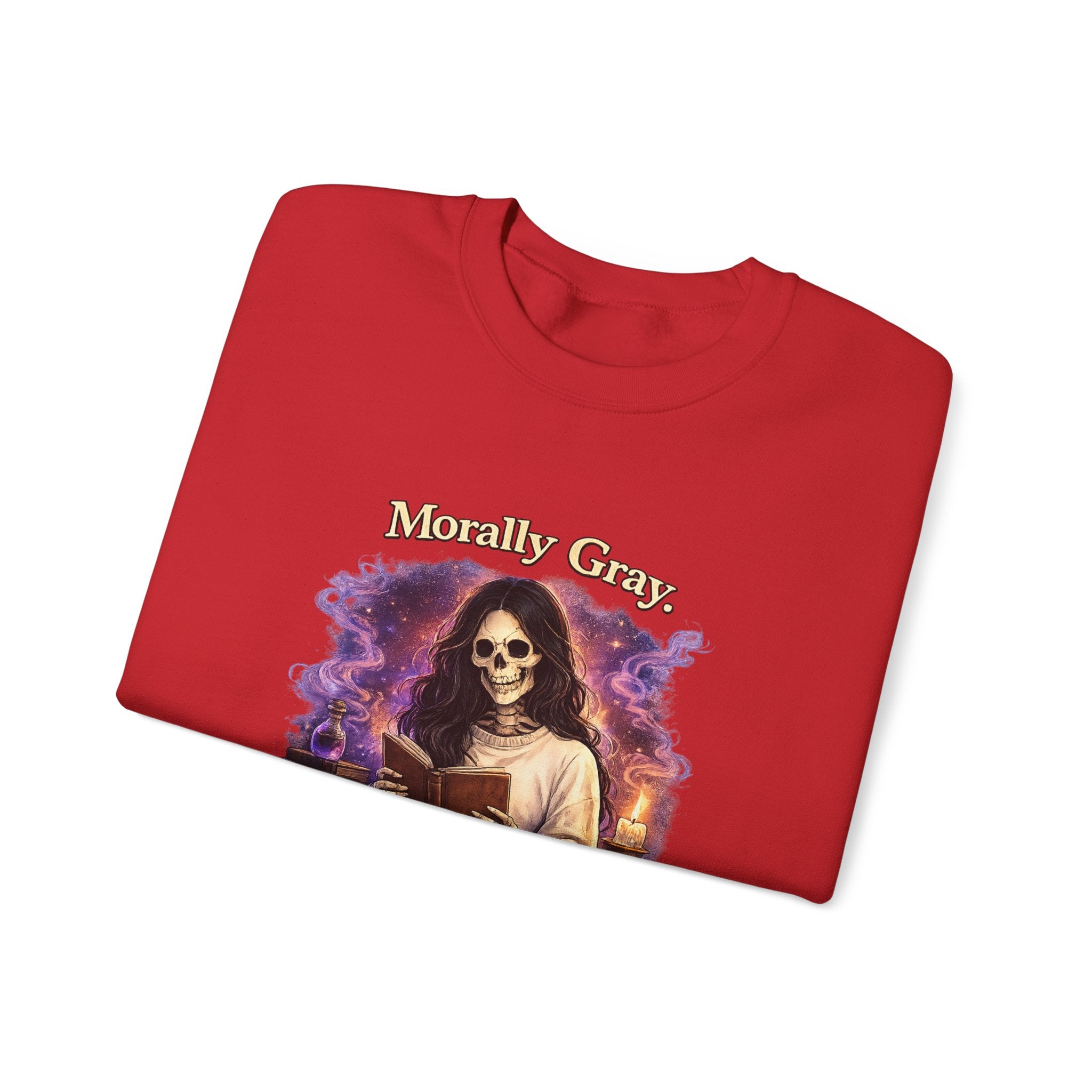 Skull Reader Sweatshirt — 'Morally Grey, Academically Blessed' Gothic Crewneck
