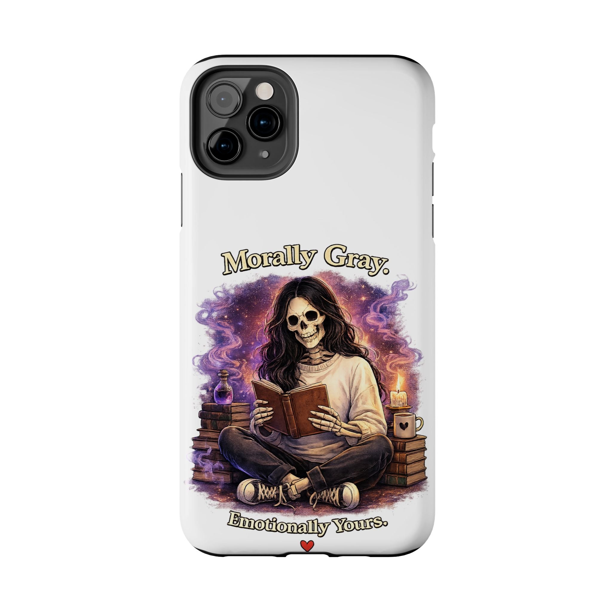 Morally Gray, Emotionally Yours Phone Case — Gothic Skeleton Booklover Protective Case