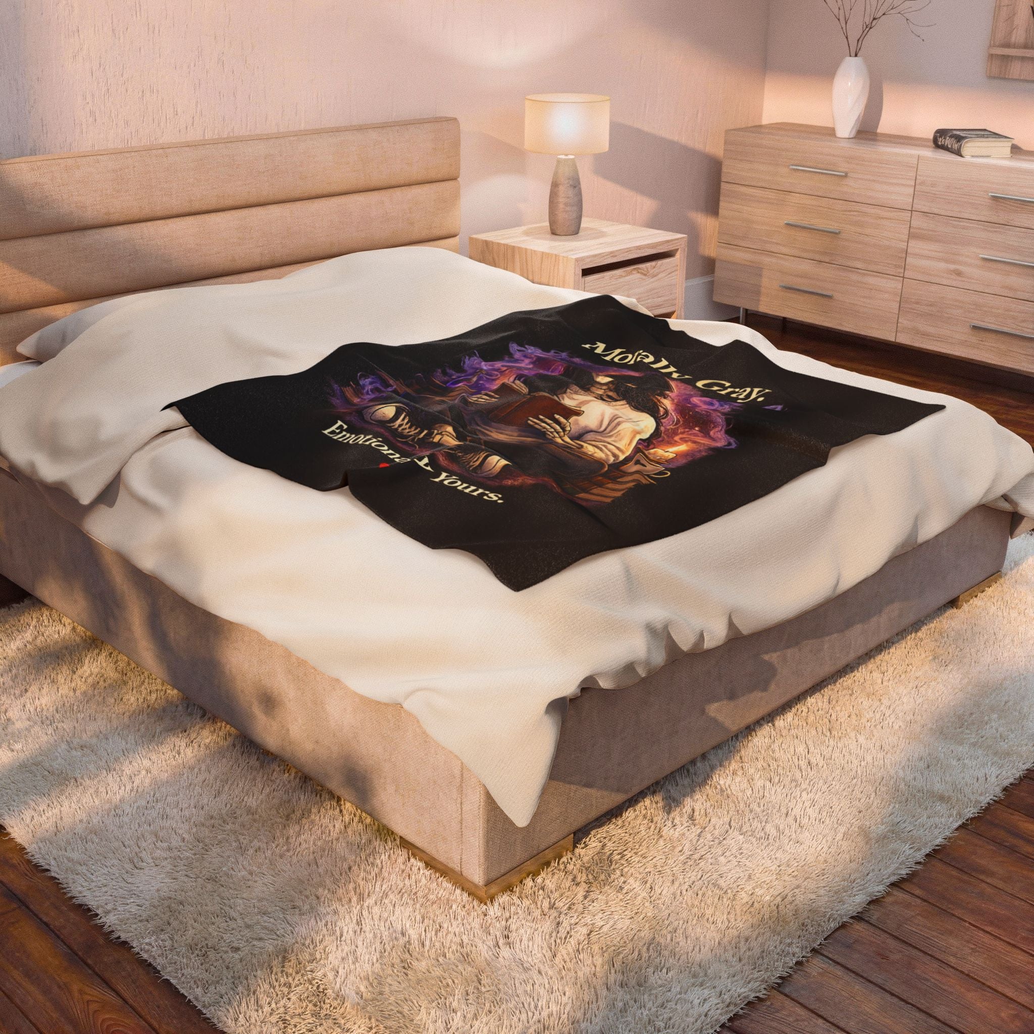 “Morally Gray, Emotionally Yours” Plush Blanket – Gothic Skeleton Reading Velveteen Throw