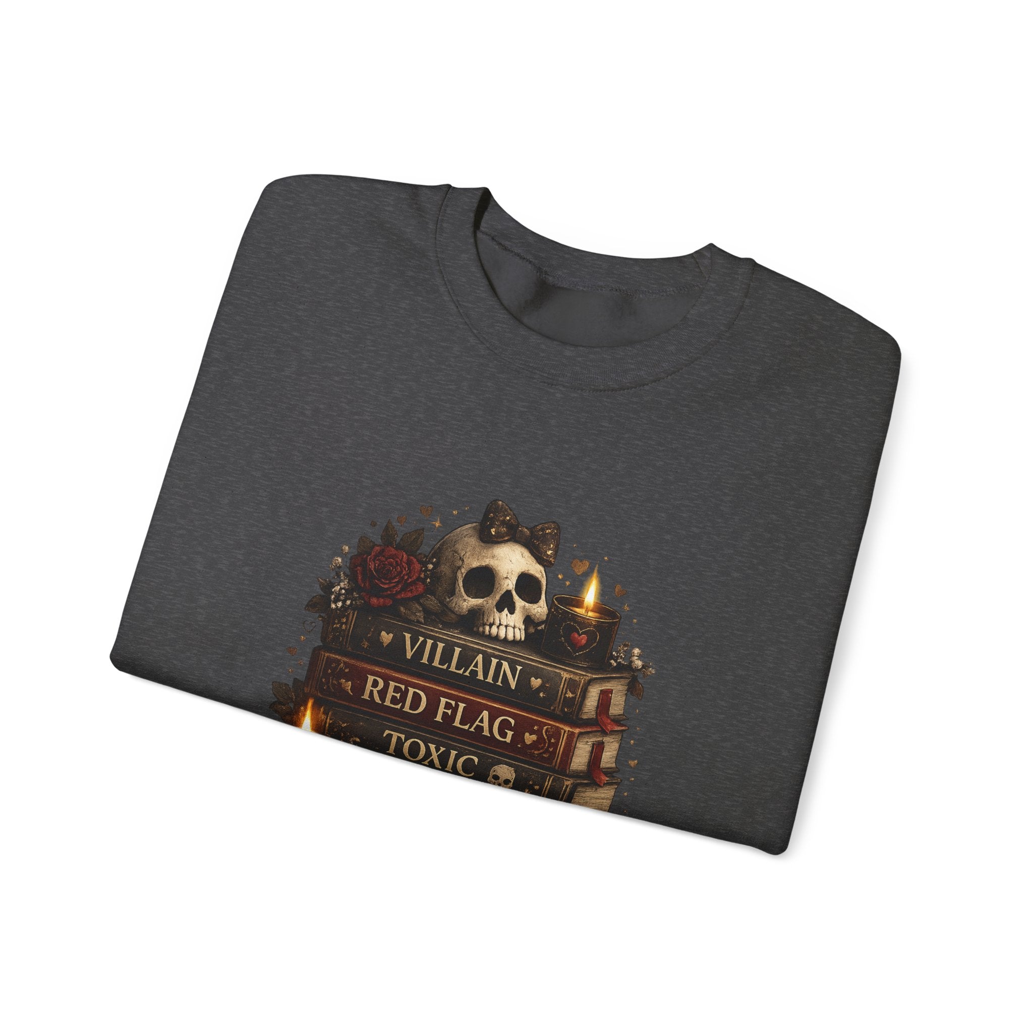Crewneck Sweatshirt - "Just My Type" Stacked Books & Skull Gothic Design