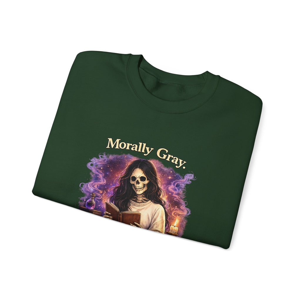 Skull Reader Sweatshirt — 'Morally Grey, Academically Blessed' Gothic Crewneck