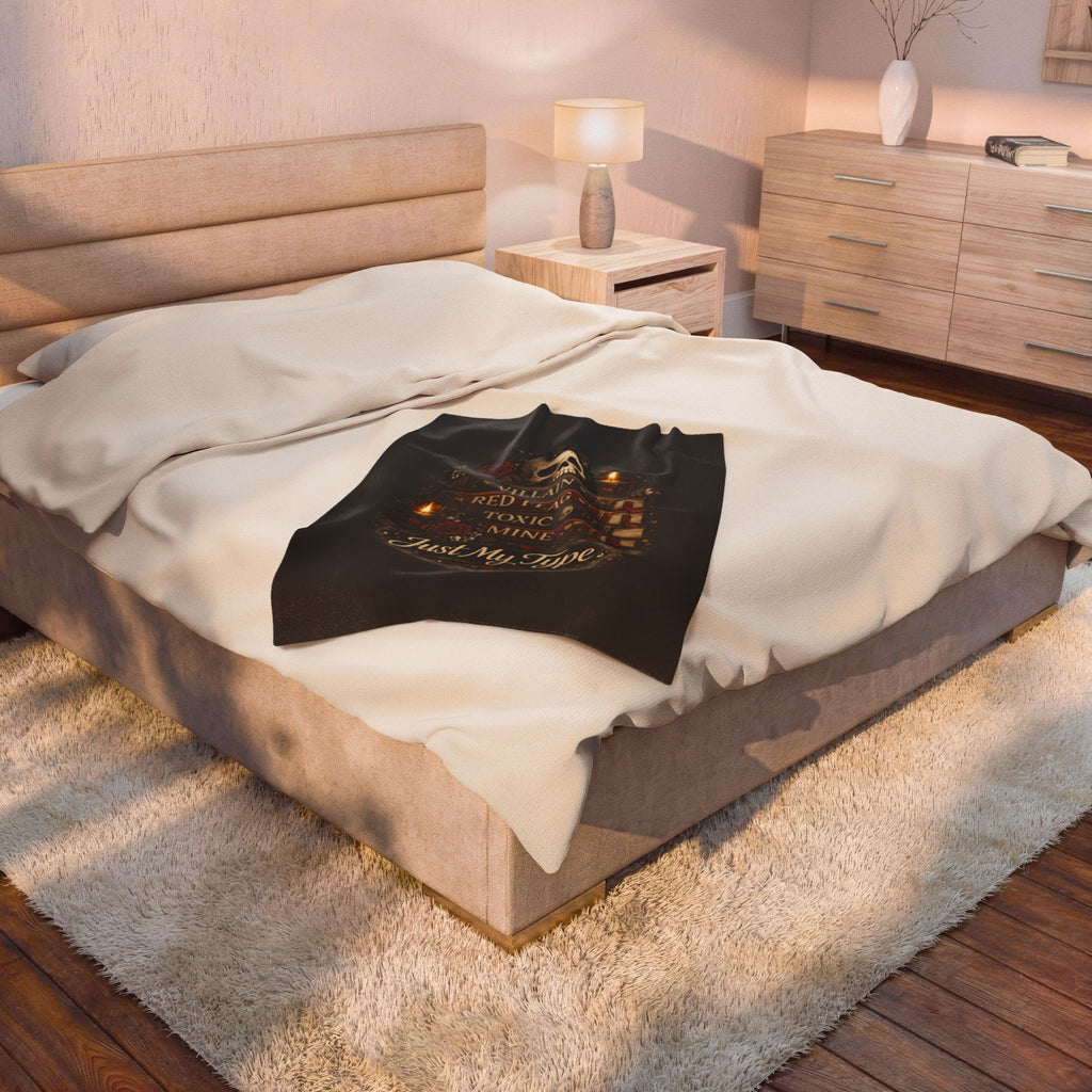 Velveteen Plush Blanket — 'Just My Type' Gothic Skull & Book Stack Cozy Throw