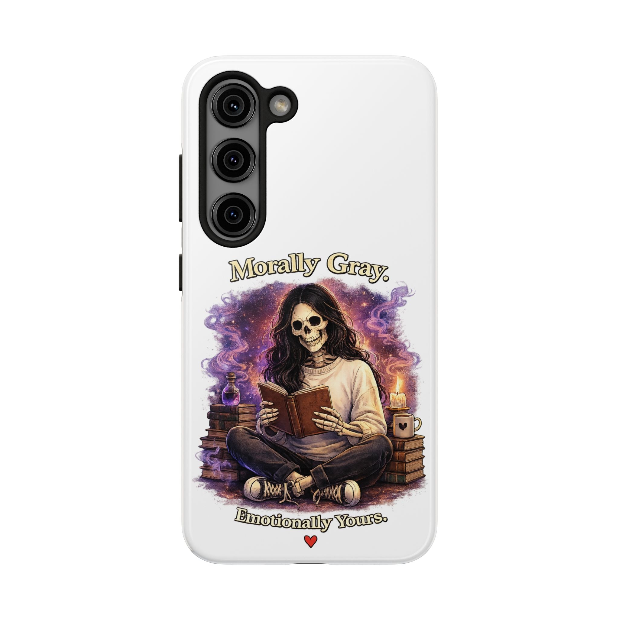 Morally Gray, Emotionally Yours Phone Case — Gothic Skeleton Booklover Protective Case