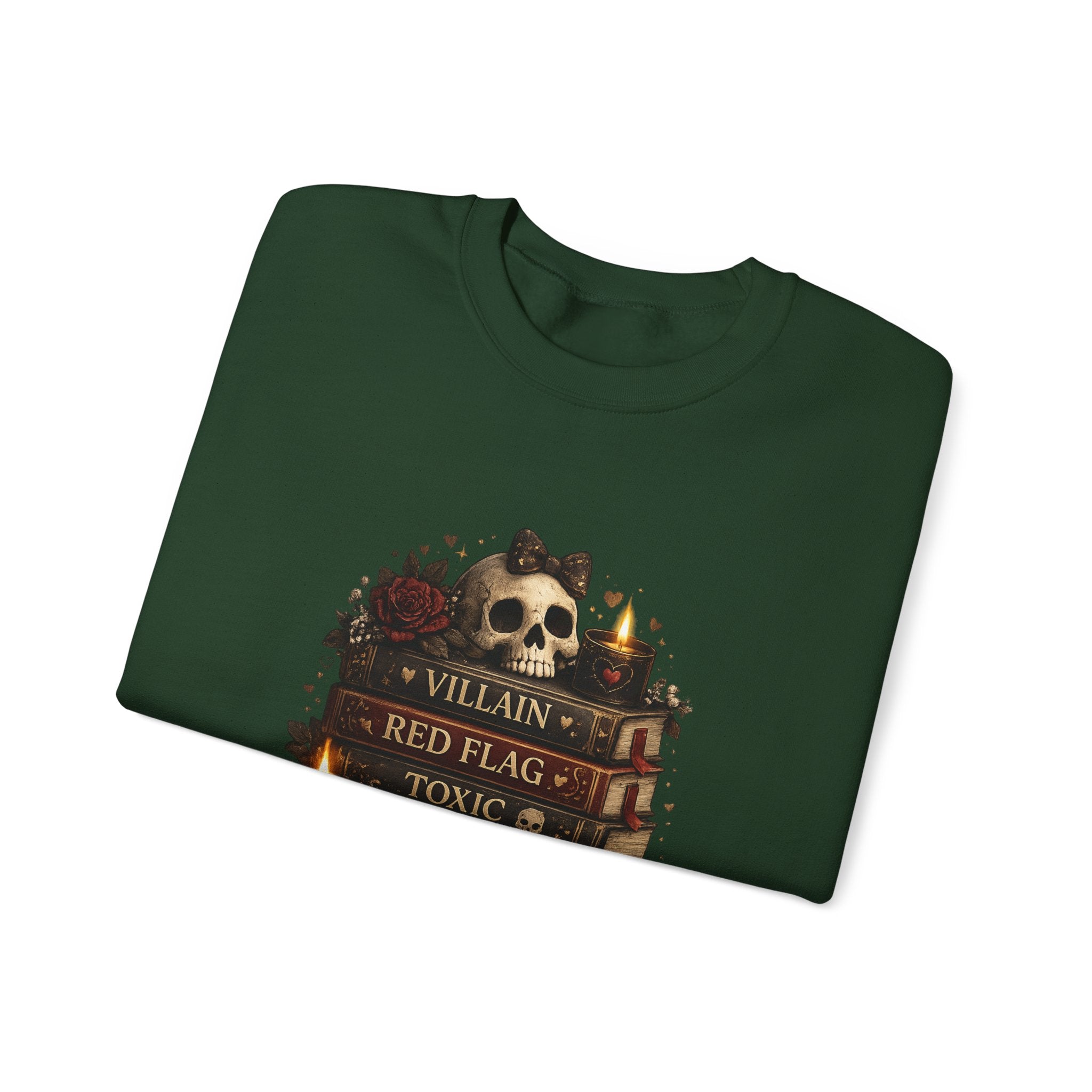 Crewneck Sweatshirt - "Just My Type" Stacked Books & Skull Gothic Design