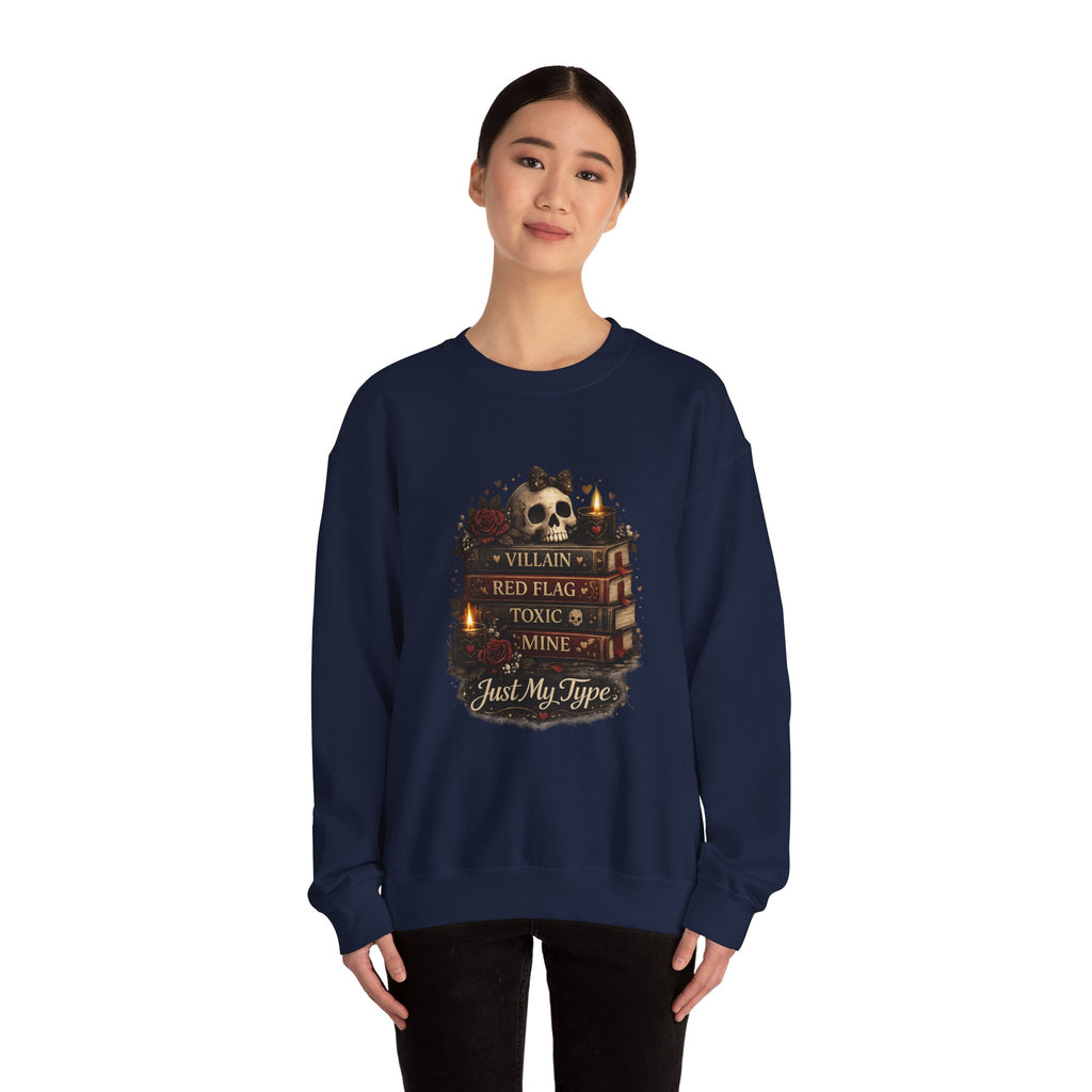 Crewneck Sweatshirt - "Just My Type" Stacked Books & Skull Gothic Design