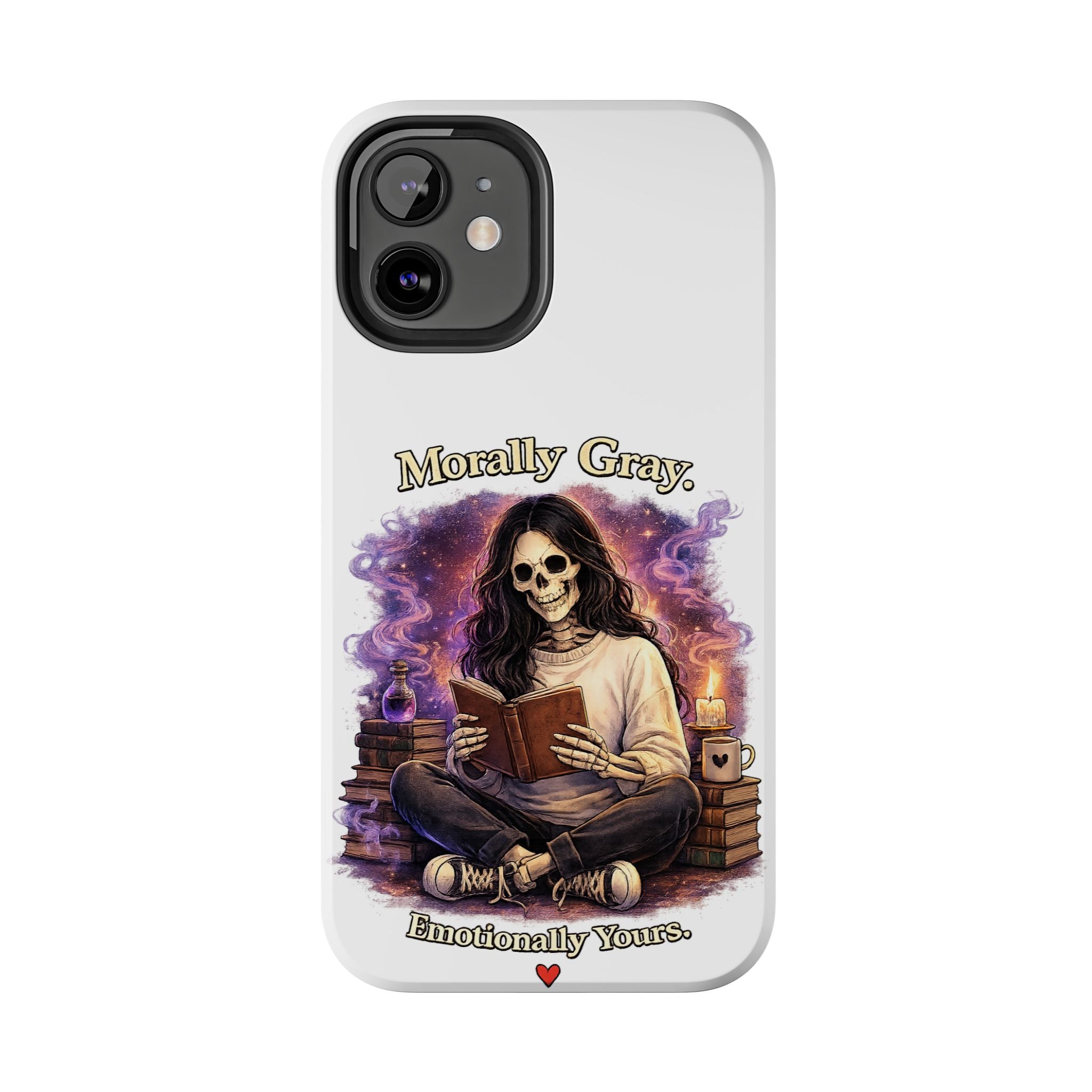 Morally Gray, Emotionally Yours Phone Case — Gothic Skeleton Booklover Protective Case