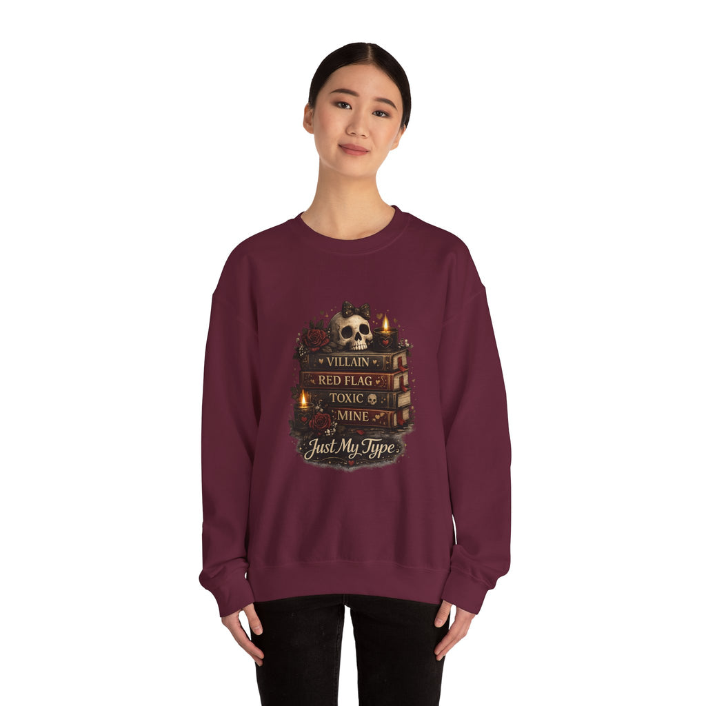 Crewneck Sweatshirt - "Just My Type" Stacked Books & Skull Gothic Design