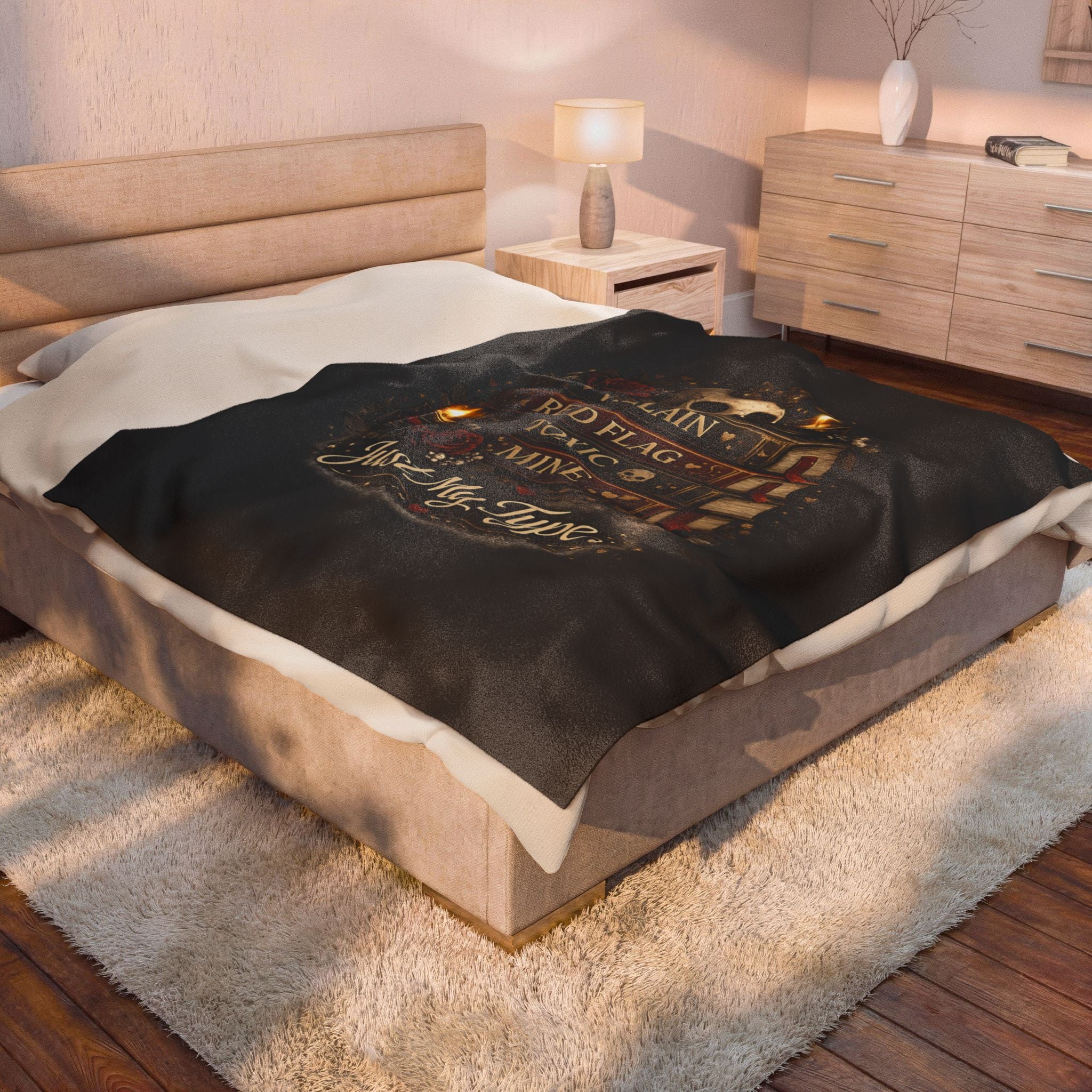 Velveteen Plush Blanket — 'Just My Type' Gothic Skull & Book Stack Cozy Throw