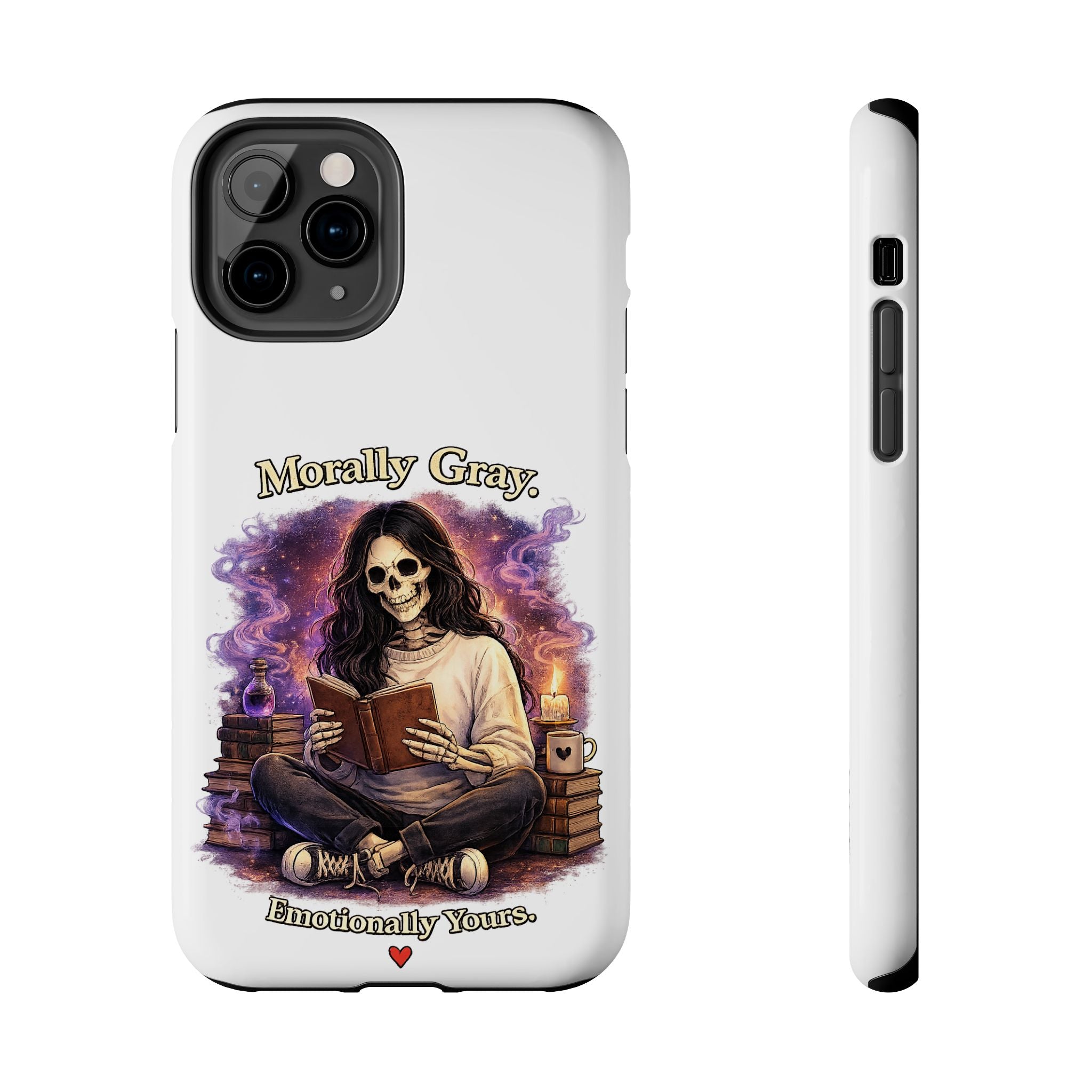 Morally Gray, Emotionally Yours Phone Case — Gothic Skeleton Booklover Protective Case