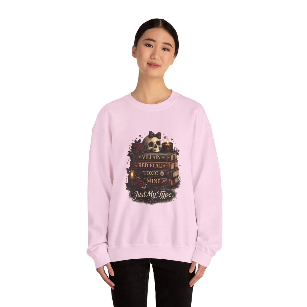 Crewneck Sweatshirt - "Just My Type" Stacked Books & Skull Gothic Design