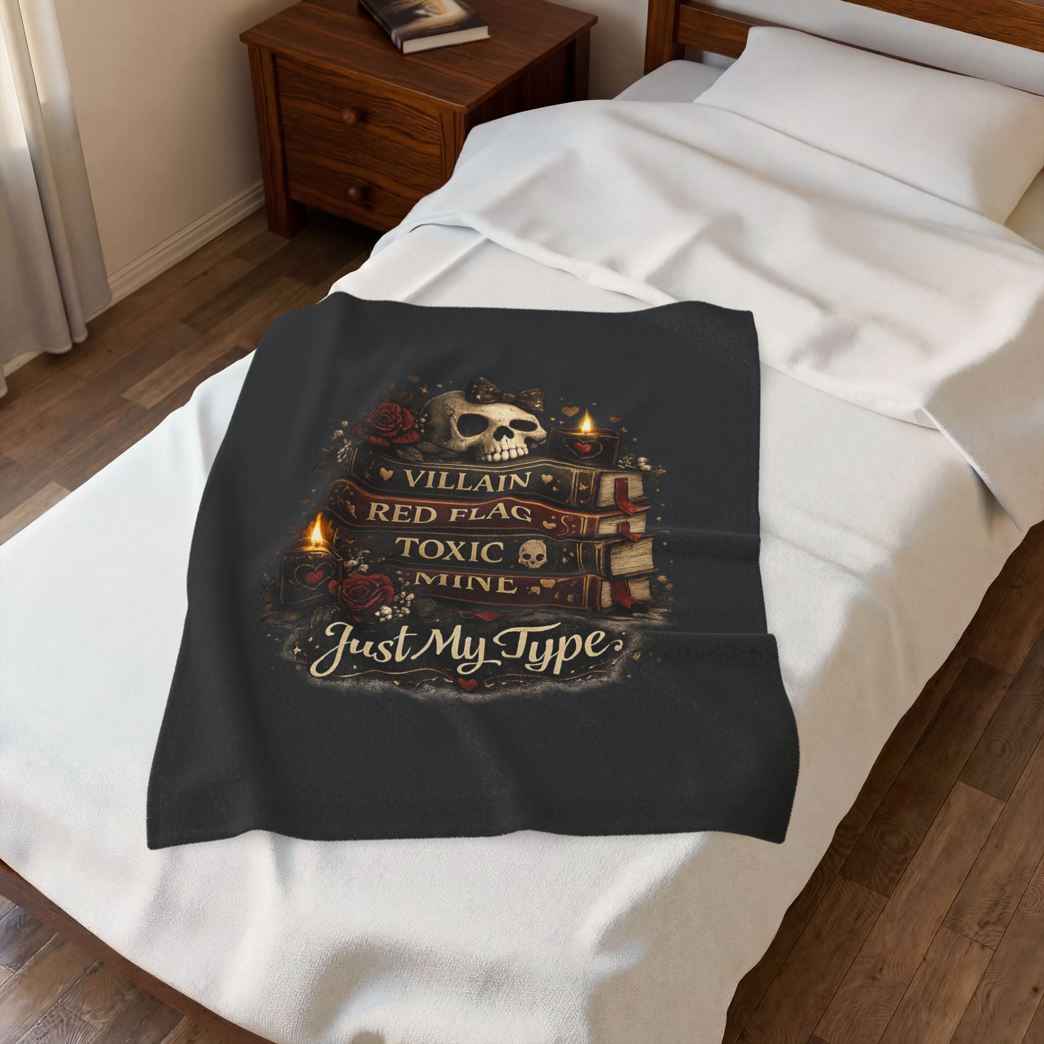 Velveteen Plush Blanket — 'Just My Type' Gothic Skull & Book Stack Cozy Throw