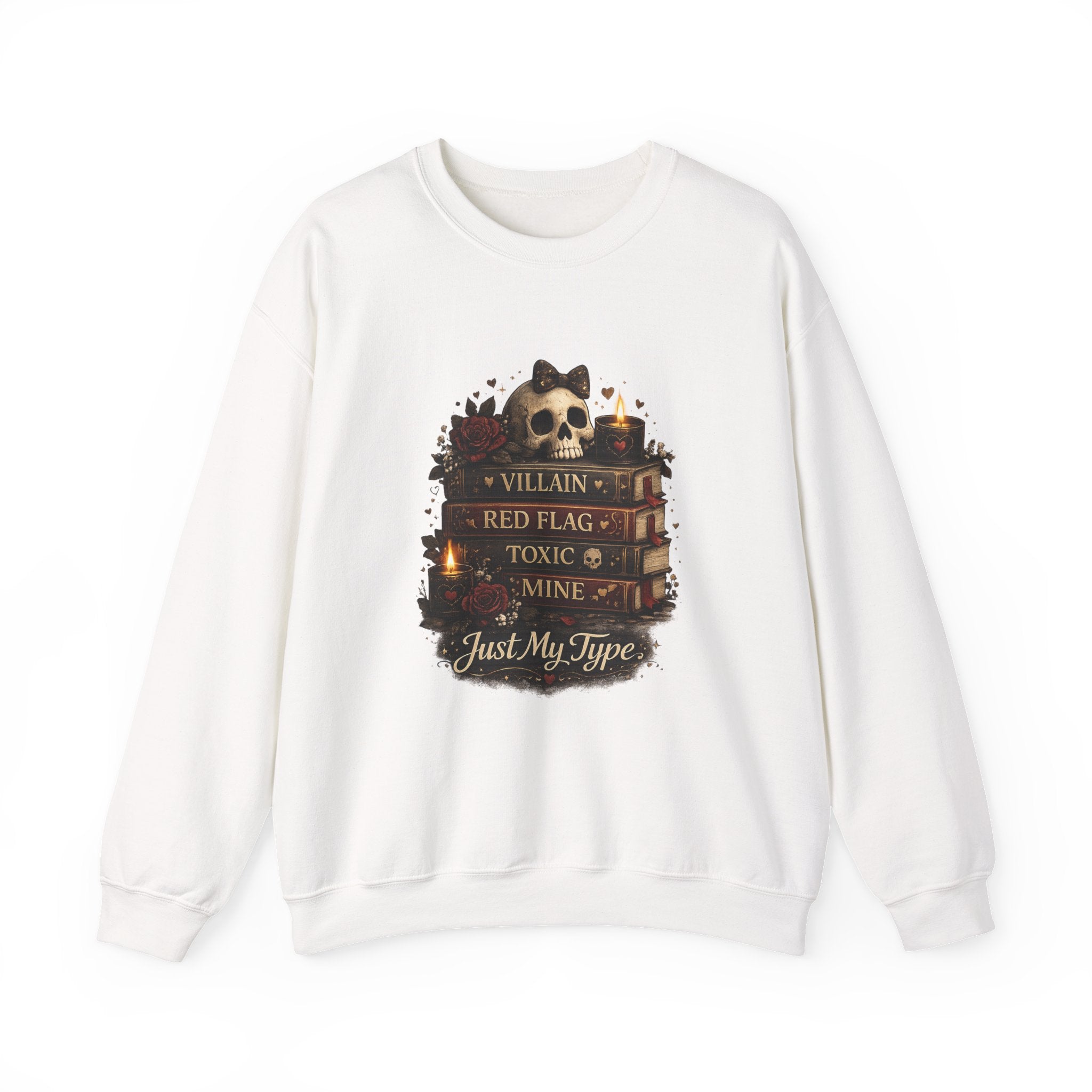 Crewneck Sweatshirt - "Just My Type" Stacked Books & Skull Gothic Design