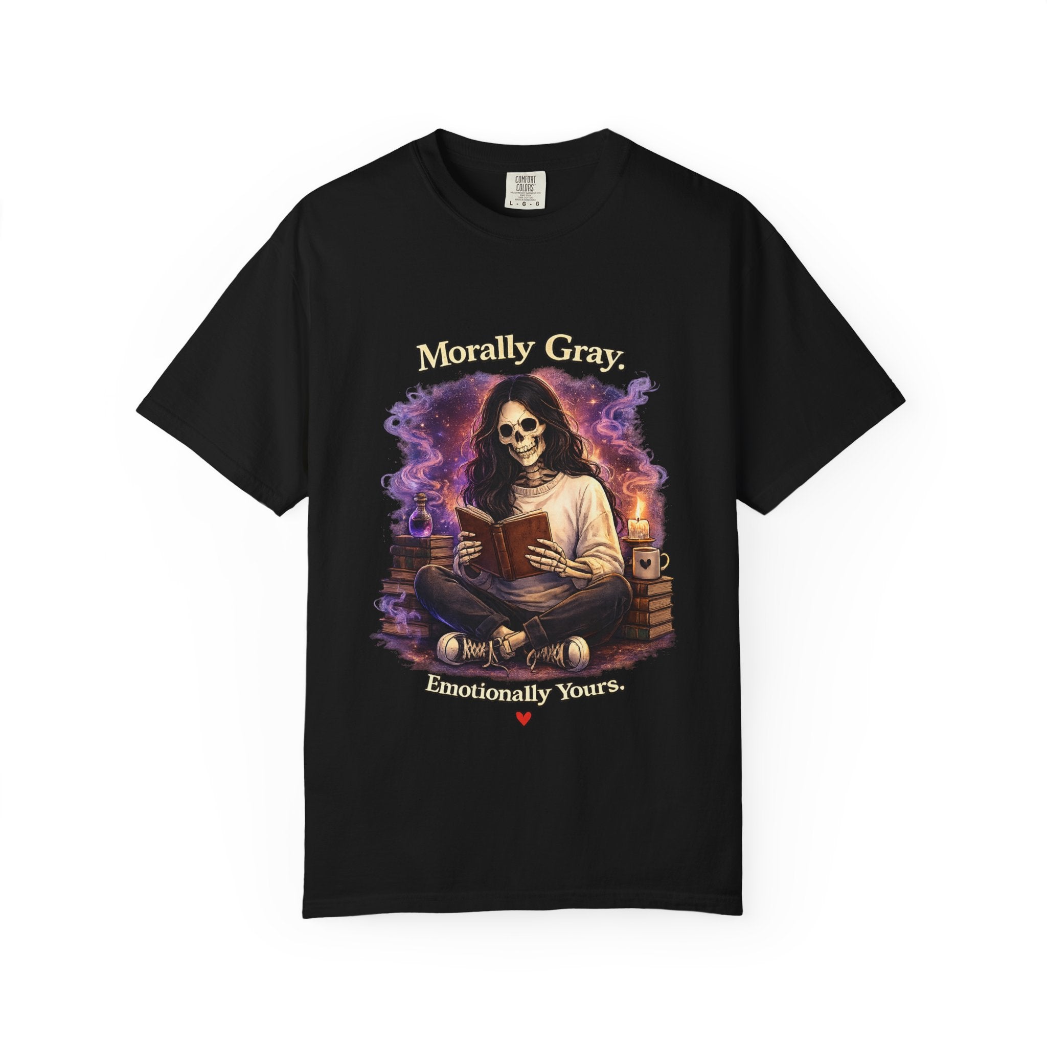 Skull Reader T-Shirt — "Mostly Gray, Emotionally Yours" Gothic Booklover Tee