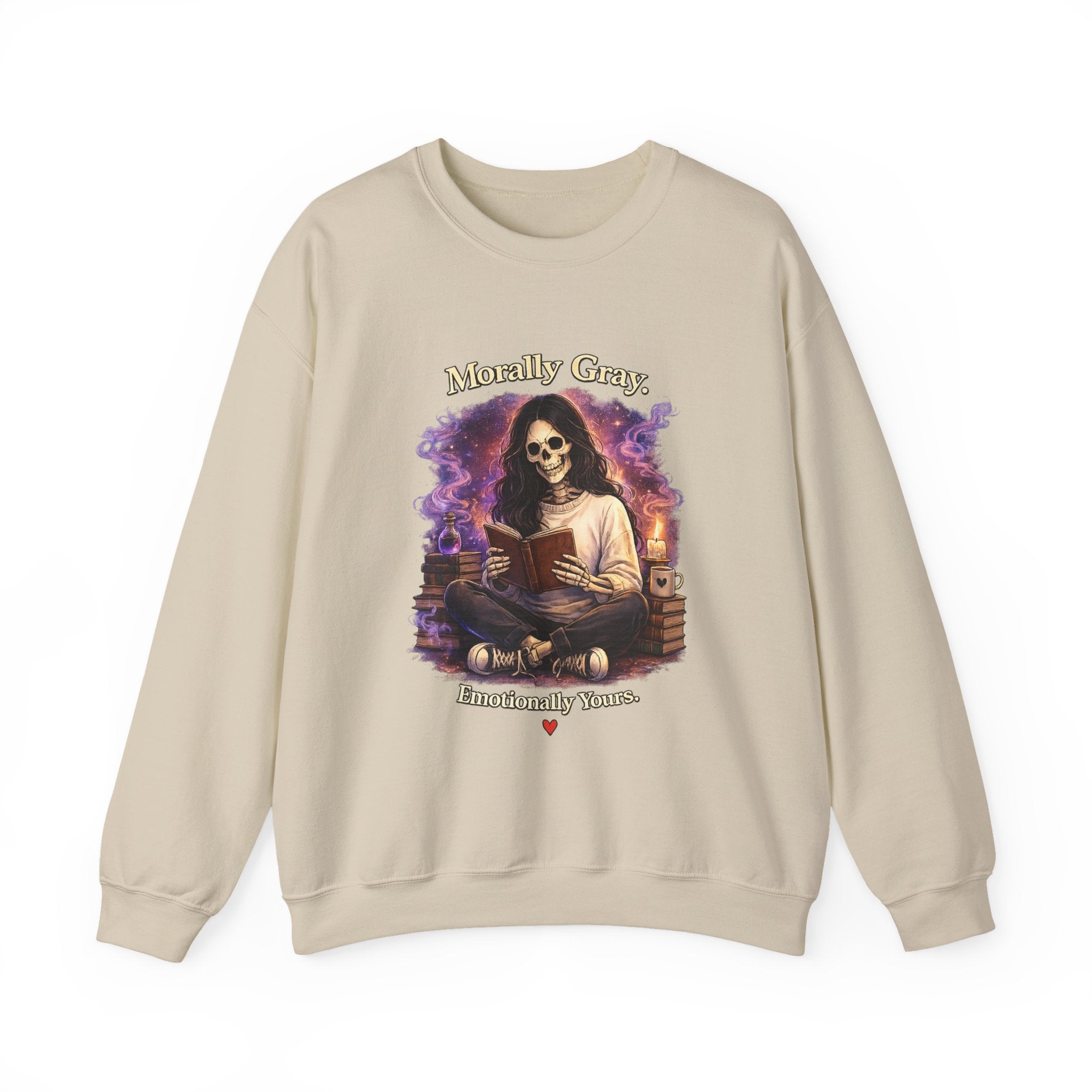 Skull Reader Sweatshirt — 'Morally Grey, Academically Blessed' Gothic Crewneck