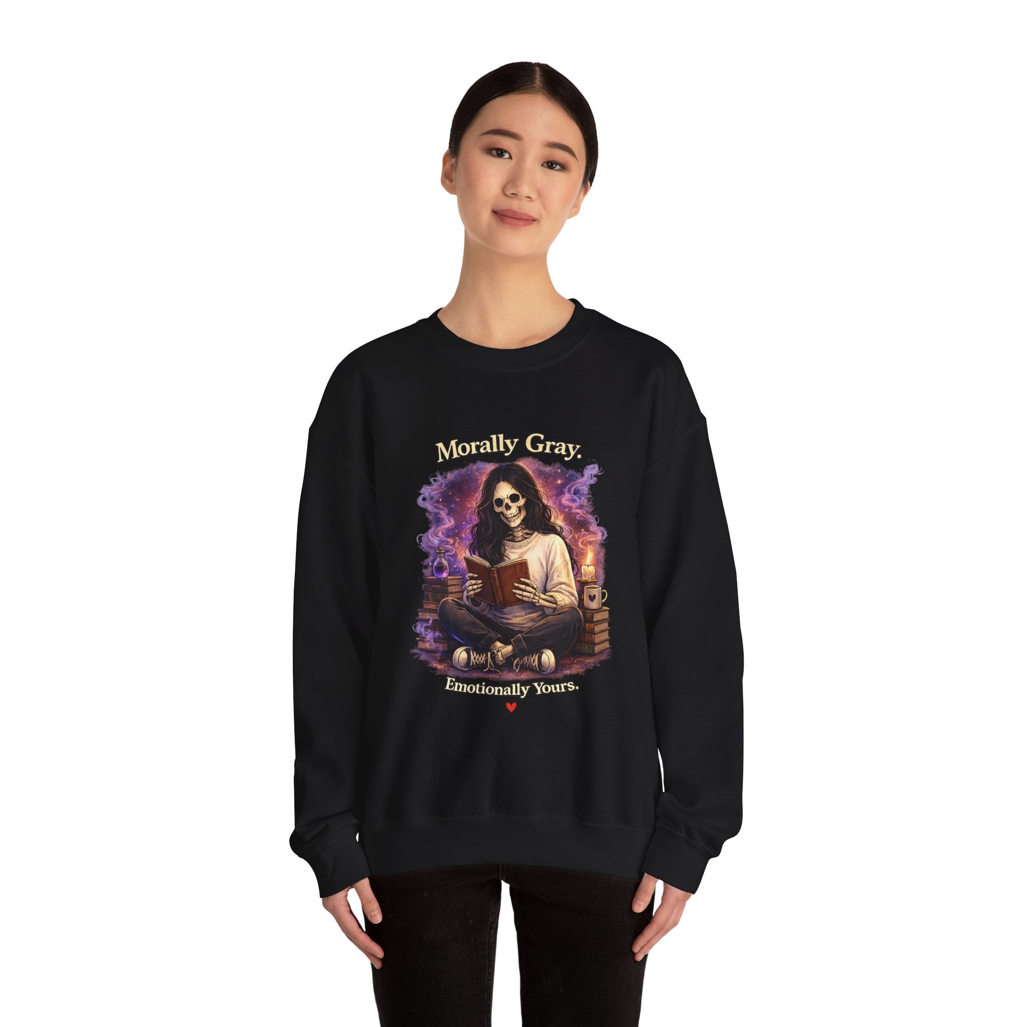 Skull Reader Sweatshirt — 'Morally Grey, Academically Blessed' Gothic Crewneck