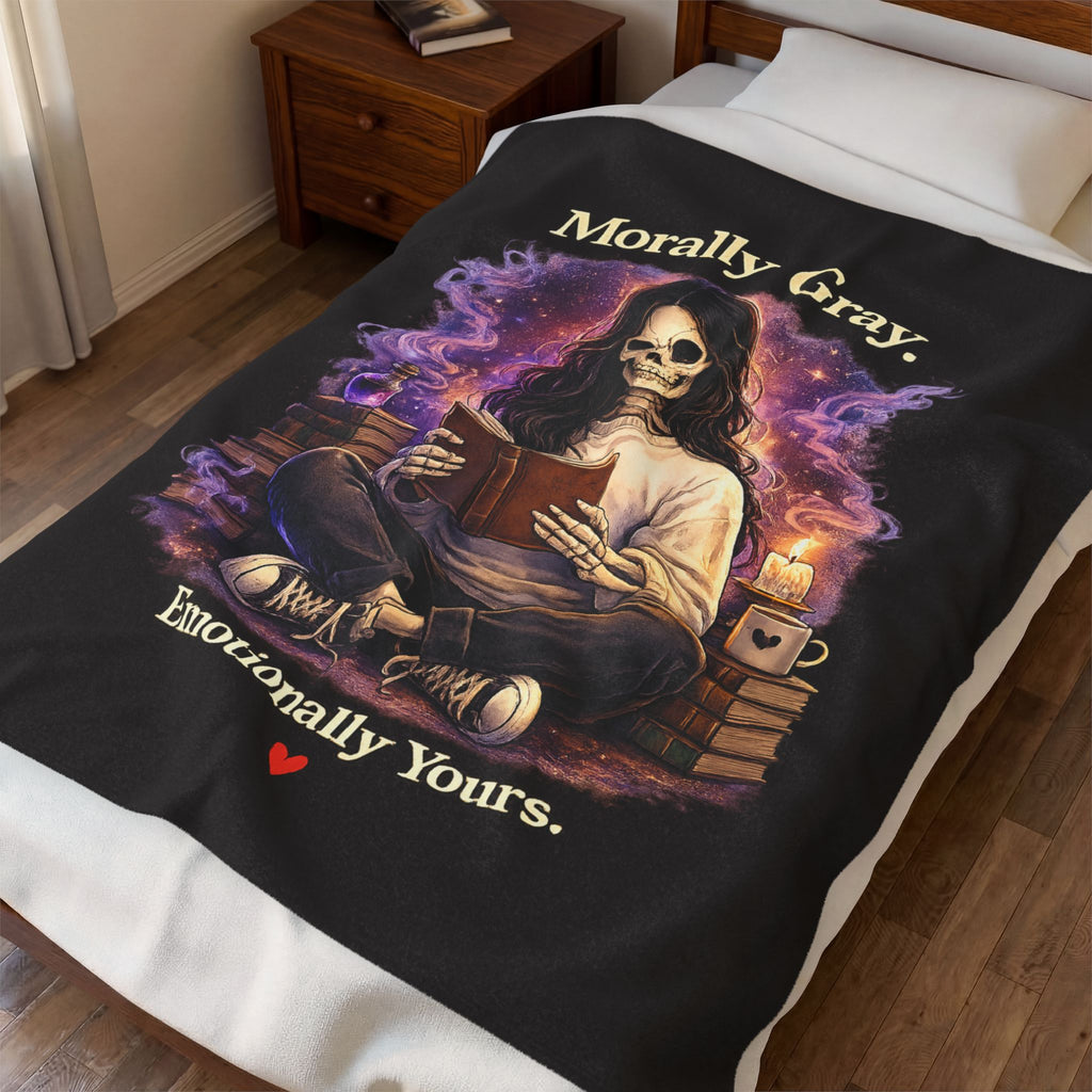 “Morally Gray, Emotionally Yours” Plush Blanket – Gothic Skeleton Reading Velveteen Throw