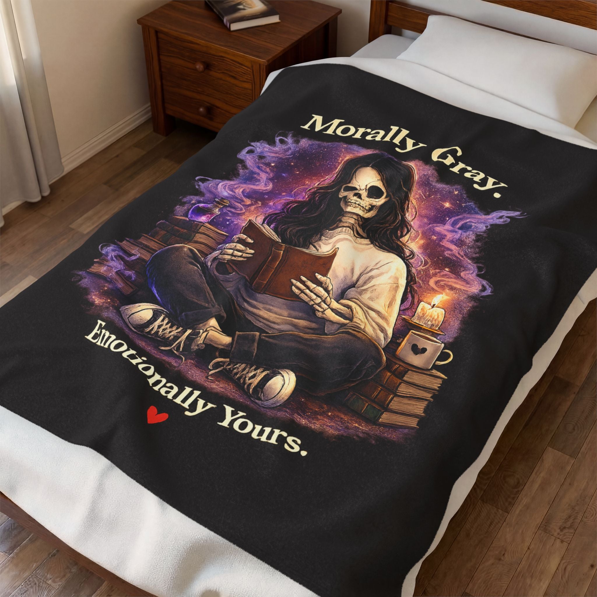 “Morally Gray, Emotionally Yours” Plush Blanket – Gothic Skeleton Reading Velveteen Throw
