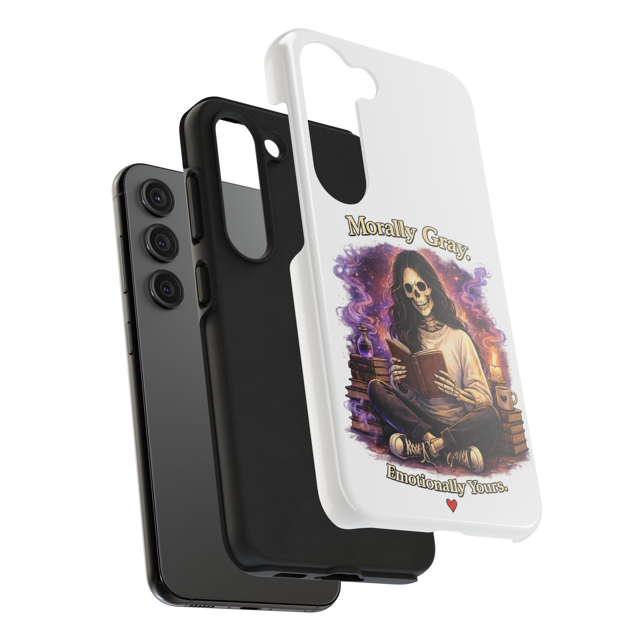 Morally Gray, Emotionally Yours Phone Case — Gothic Skeleton Booklover Protective Case