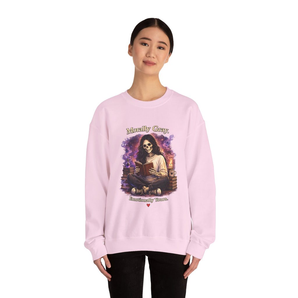 Skull Reader Sweatshirt — 'Morally Grey, Academically Blessed' Gothic Crewneck