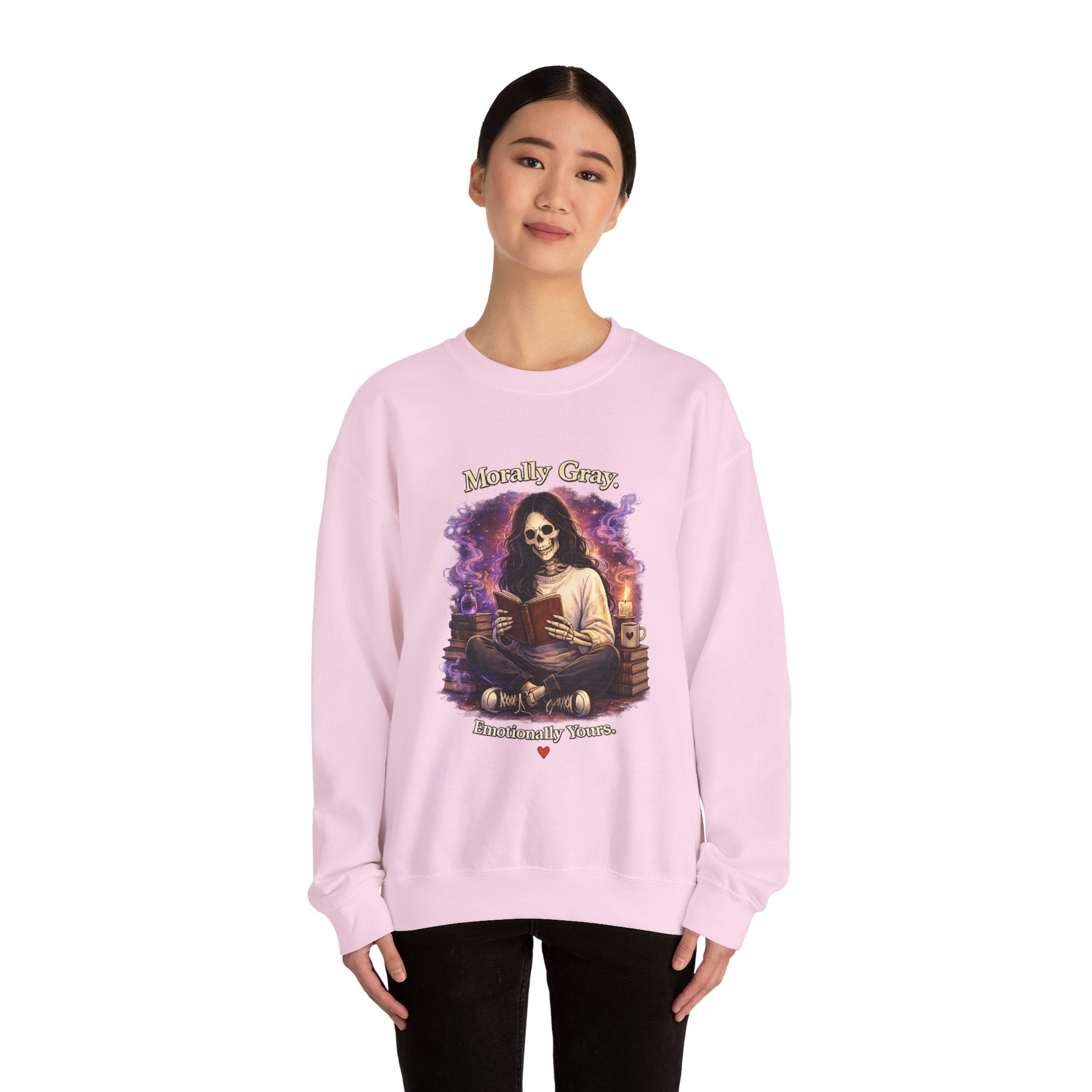 Skull Reader Sweatshirt — 'Morally Grey, Academically Blessed' Gothic Crewneck