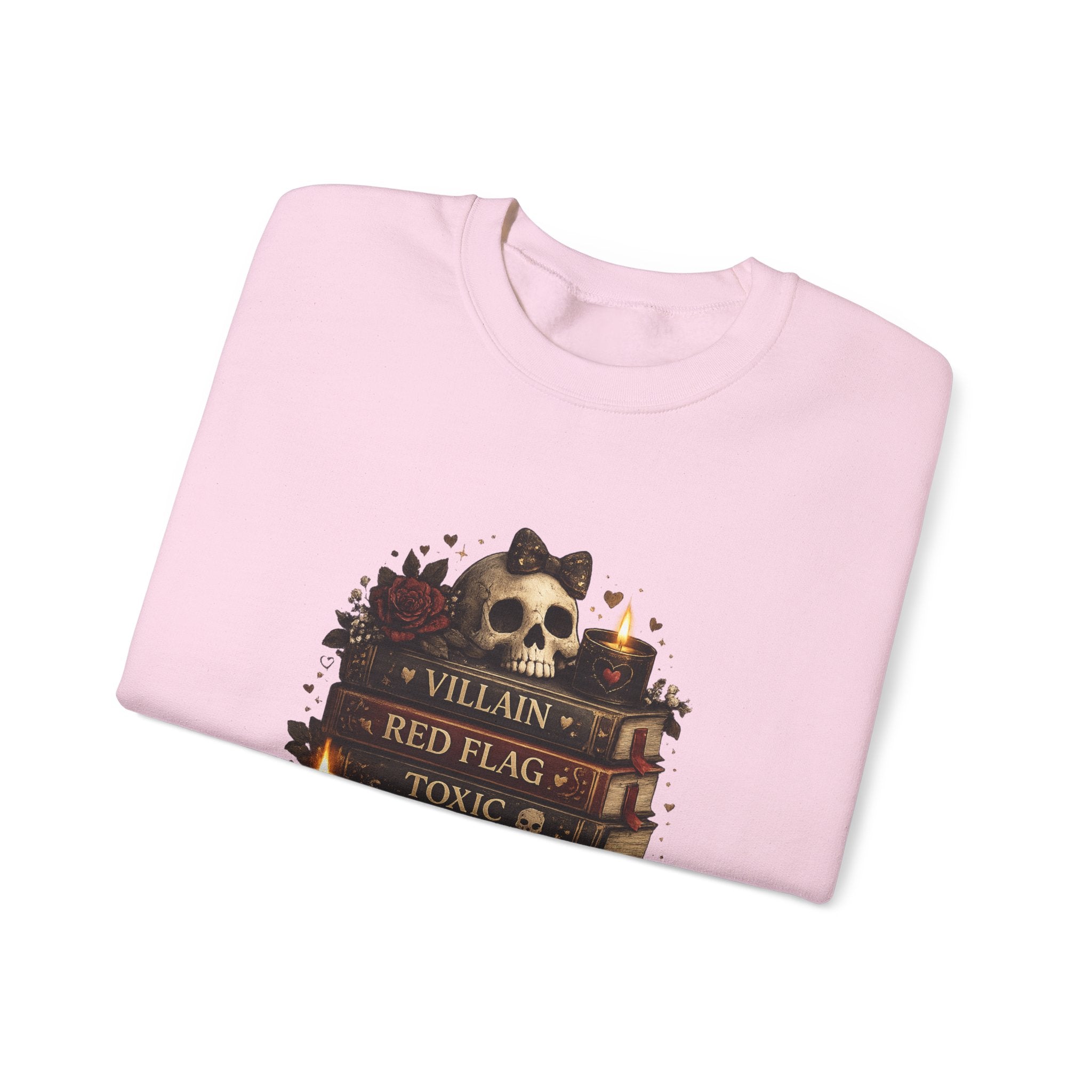 Crewneck Sweatshirt - "Just My Type" Stacked Books & Skull Gothic Design