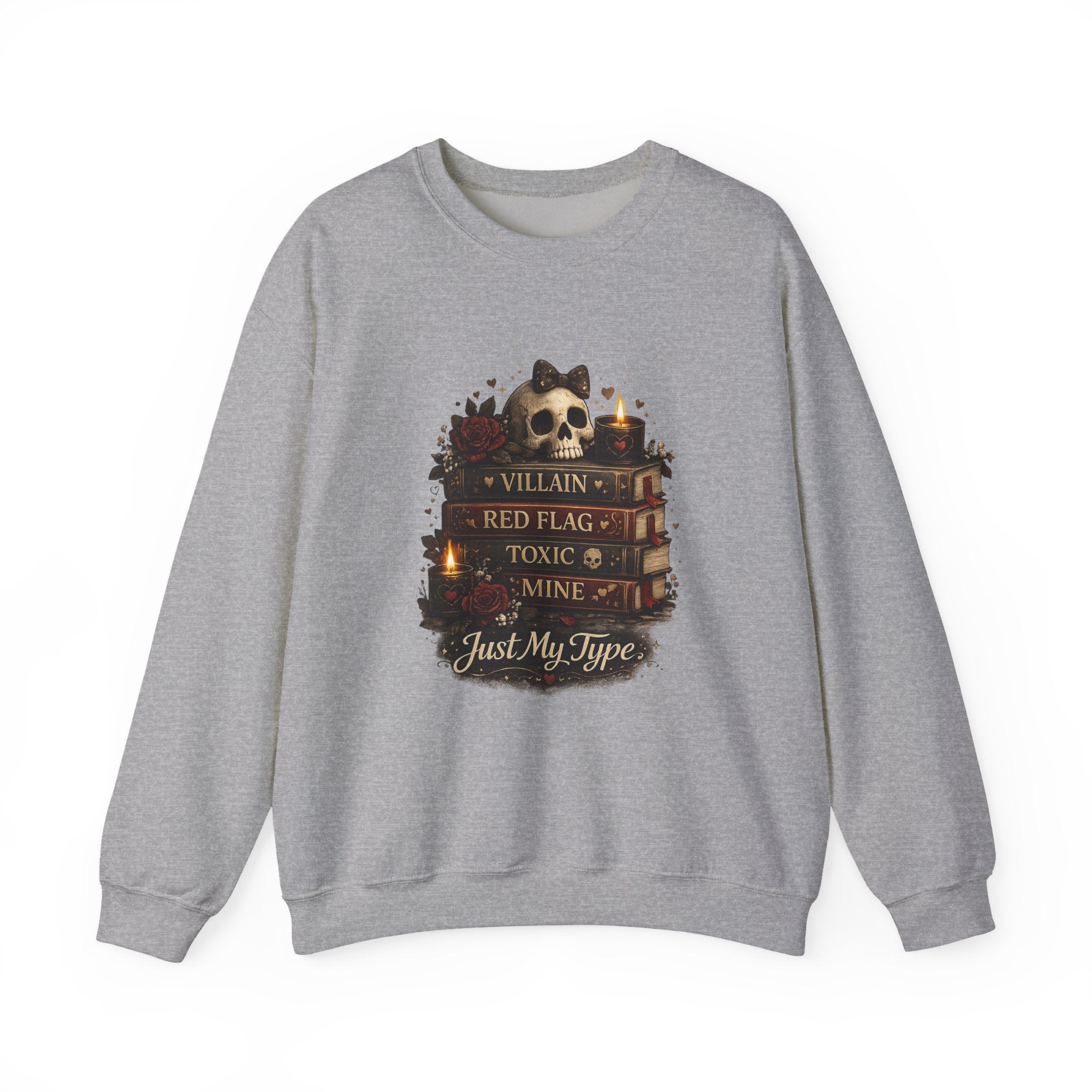 Crewneck Sweatshirt - "Just My Type" Stacked Books & Skull Gothic Design