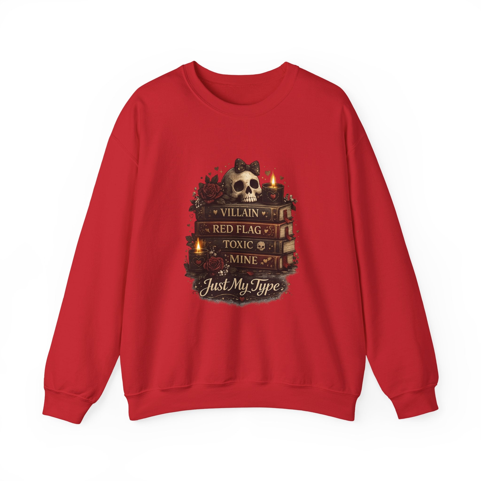Crewneck Sweatshirt - "Just My Type" Stacked Books & Skull Gothic Design