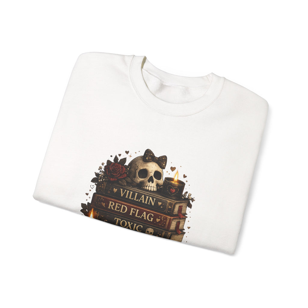 Crewneck Sweatshirt - "Just My Type" Stacked Books & Skull Gothic Design