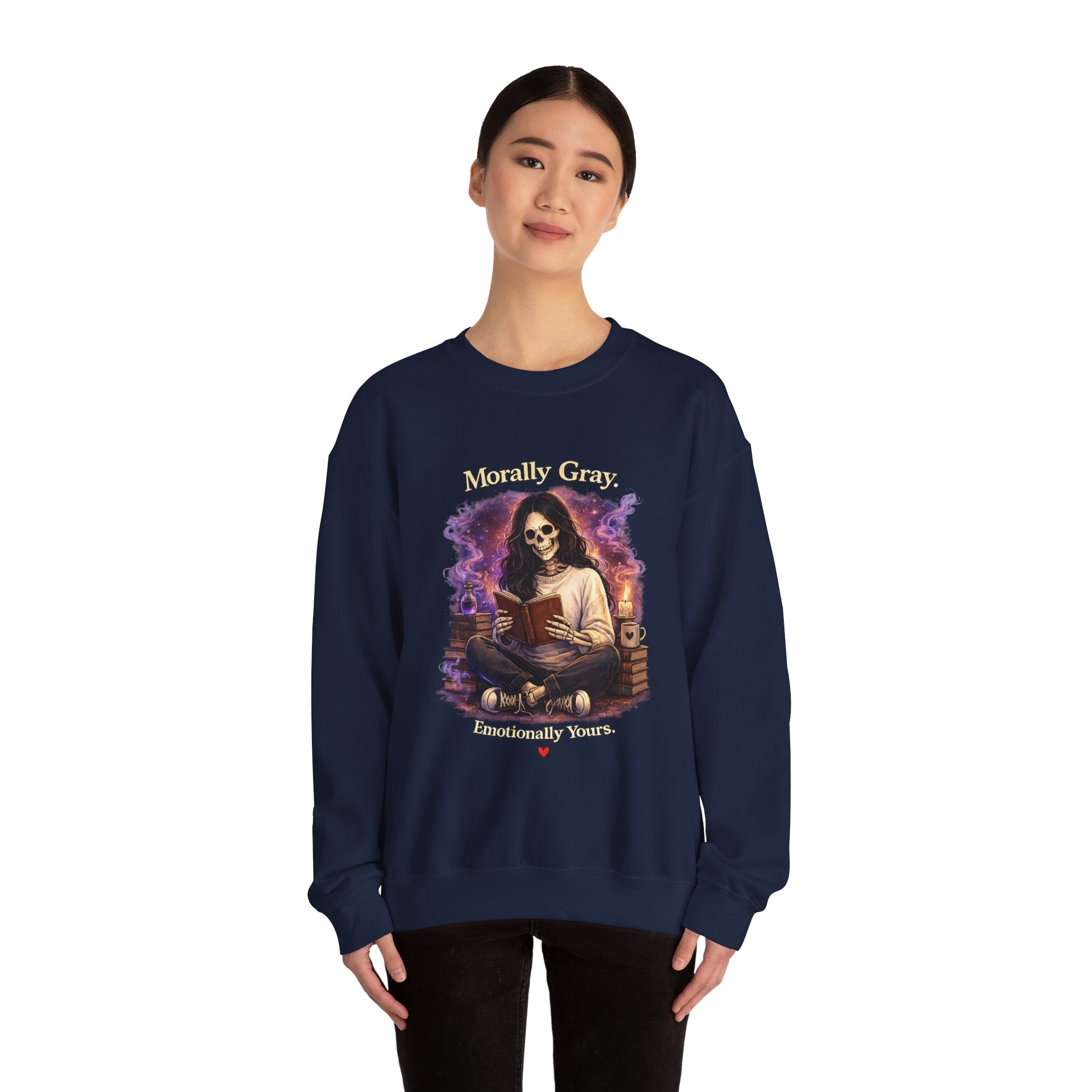 Skull Reader Sweatshirt — 'Morally Grey, Academically Blessed' Gothic Crewneck