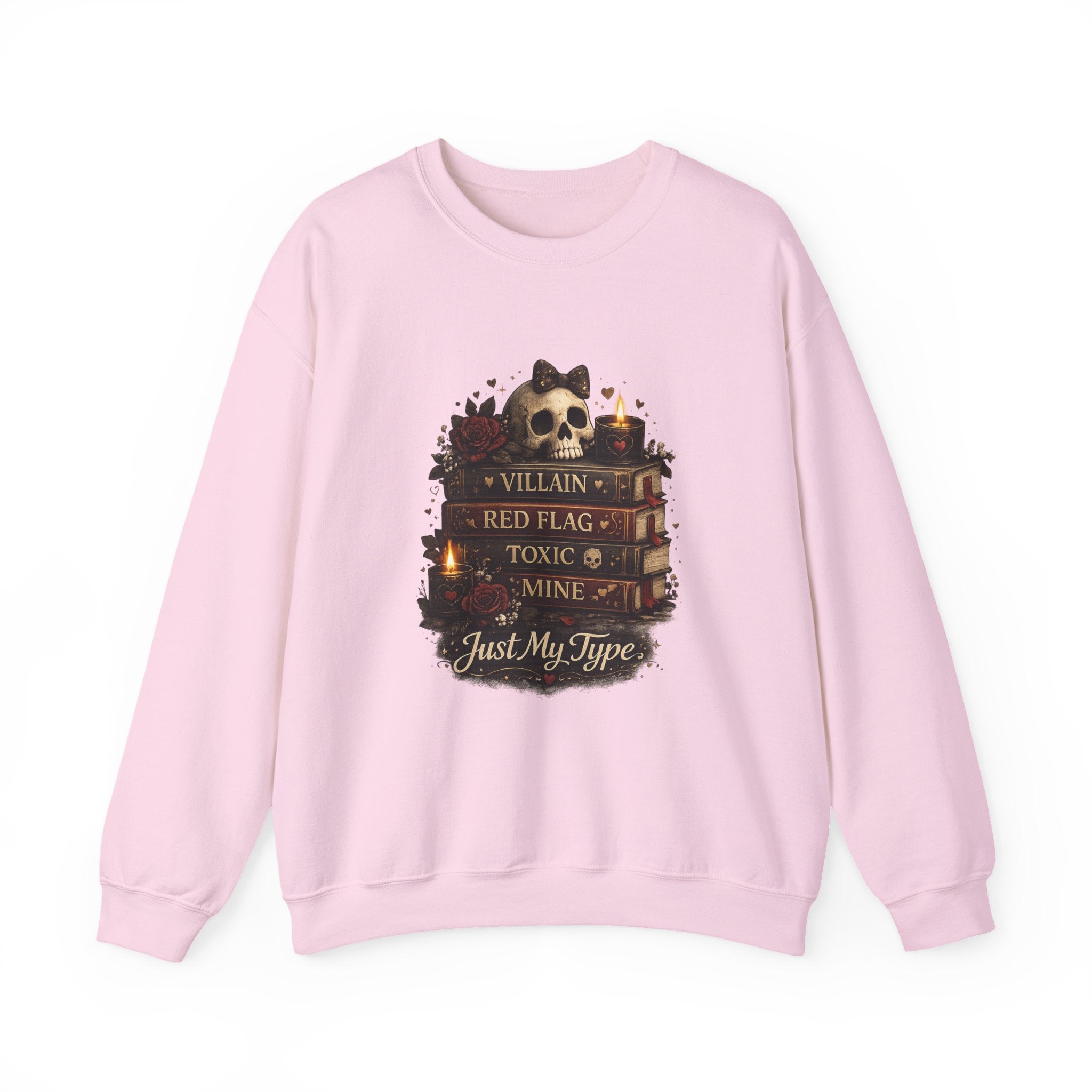 Crewneck Sweatshirt - "Just My Type" Stacked Books & Skull Gothic Design