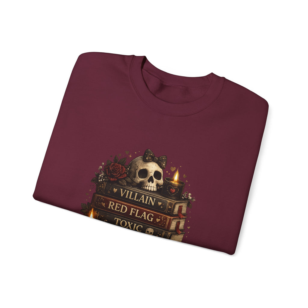 Crewneck Sweatshirt - "Just My Type" Stacked Books & Skull Gothic Design