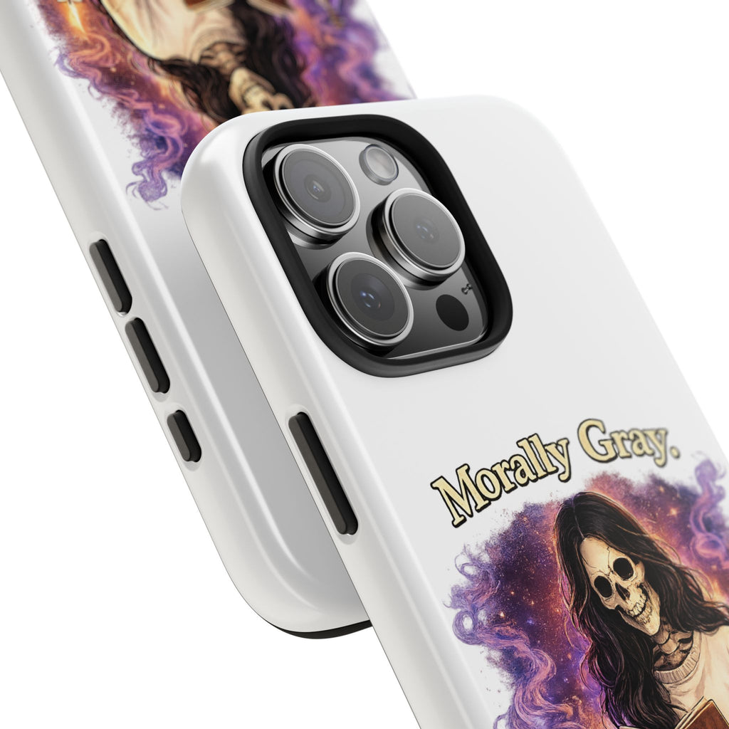 Morally Gray, Emotionally Yours Phone Case — Gothic Skeleton Booklover Protective Case