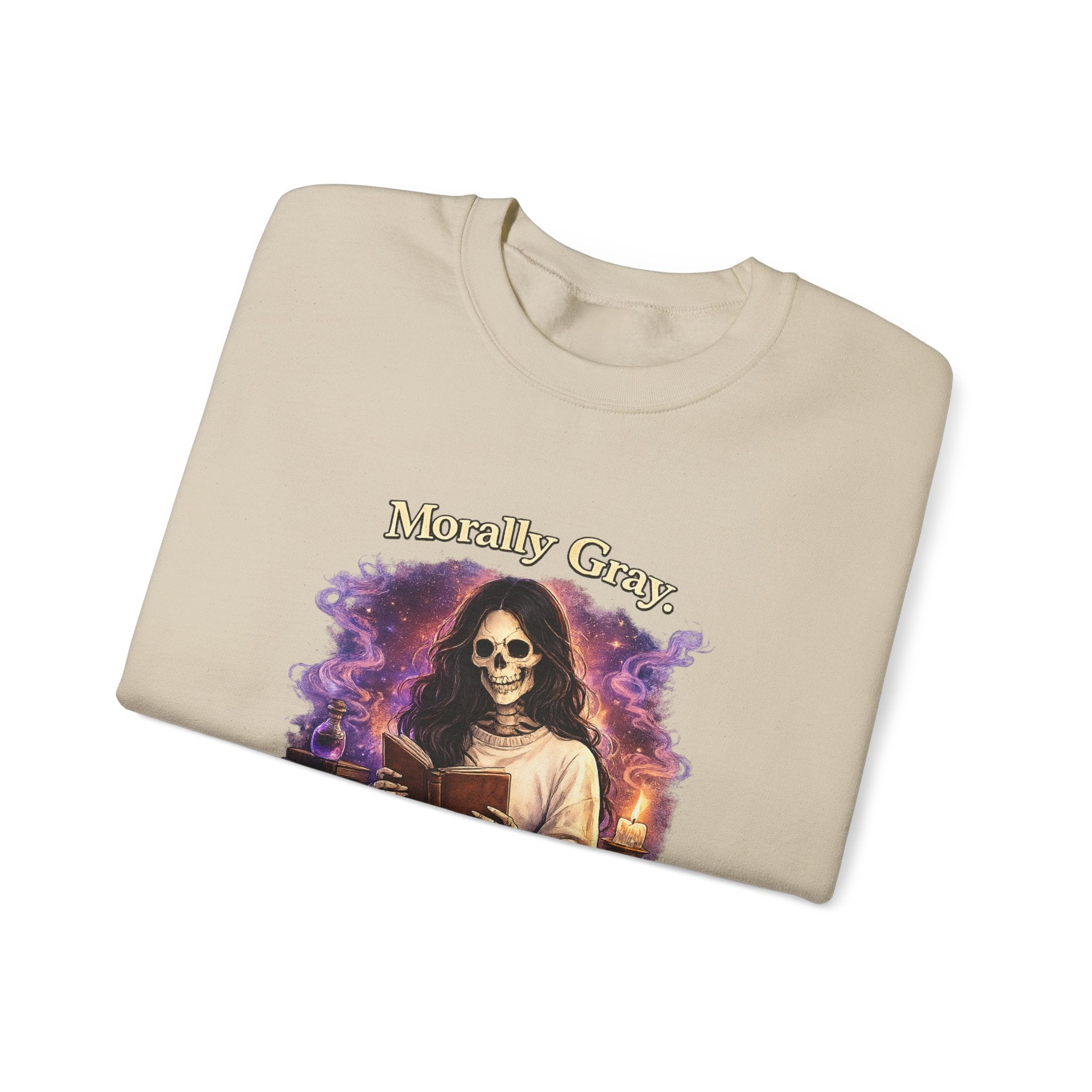 Skull Reader Sweatshirt — 'Morally Grey, Academically Blessed' Gothic Crewneck