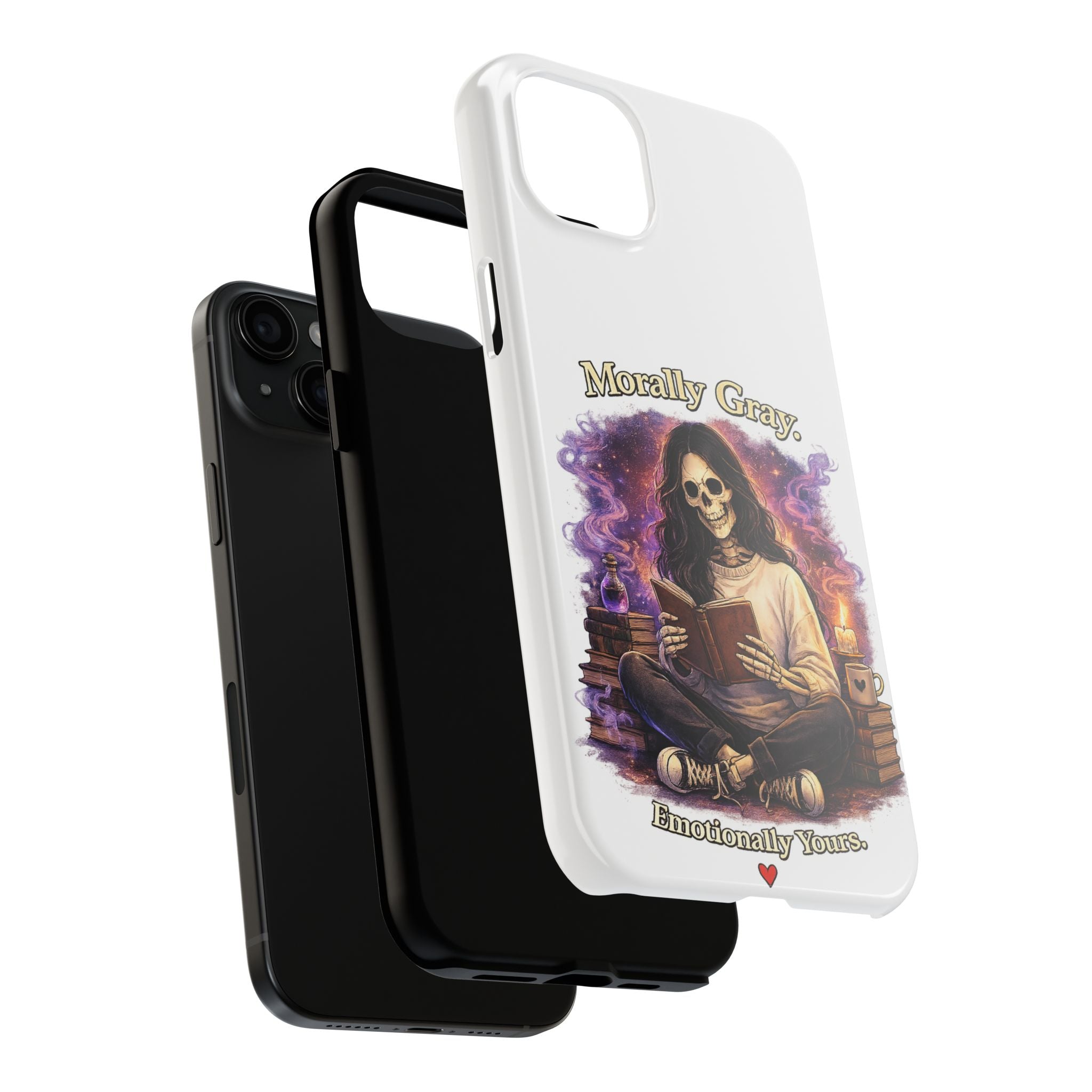Morally Gray, Emotionally Yours Phone Case — Gothic Skeleton Booklover Protective Case