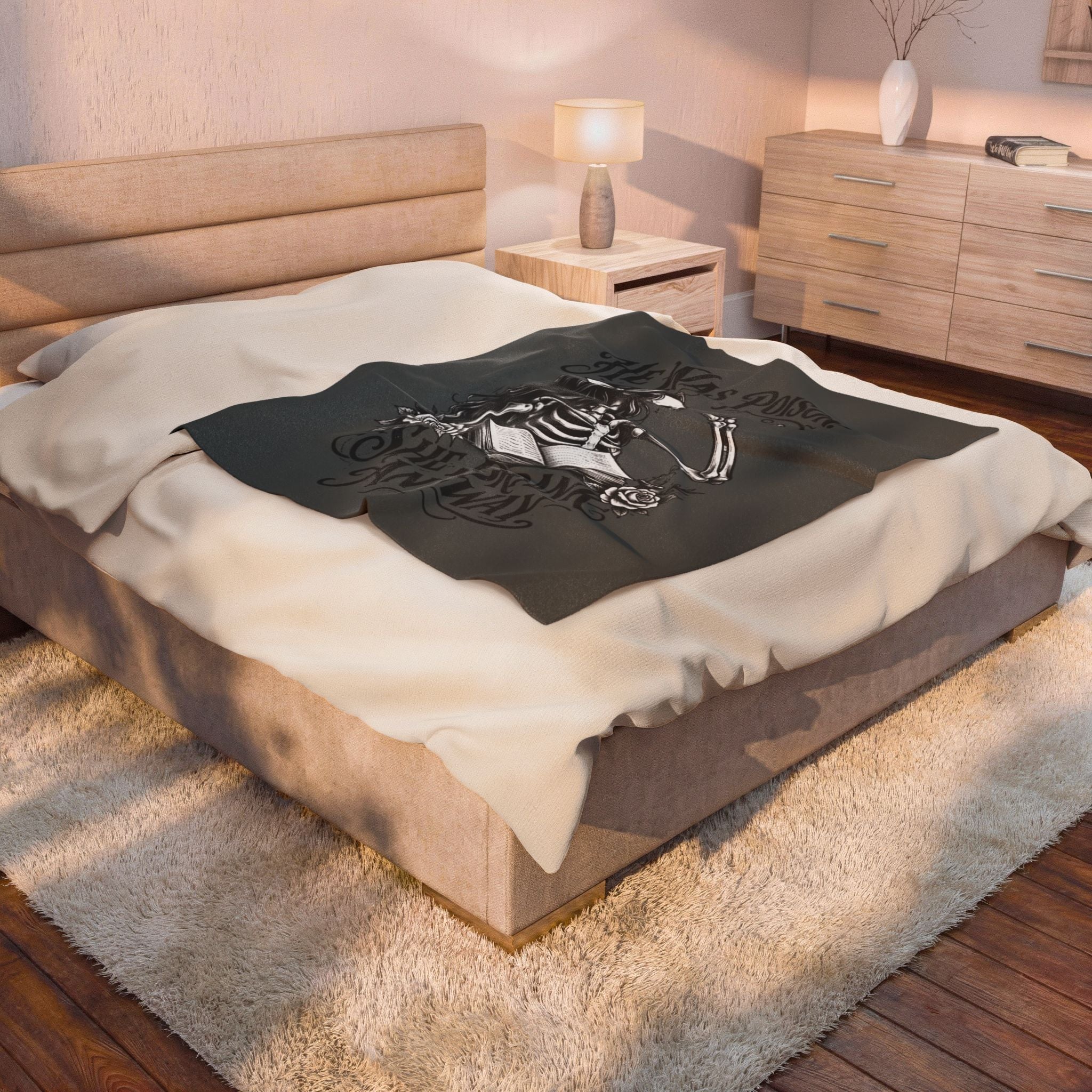 Velveteen Blanket — Gothic Skeleton "He Was Poison, She Drank Anyway" Plush Throw