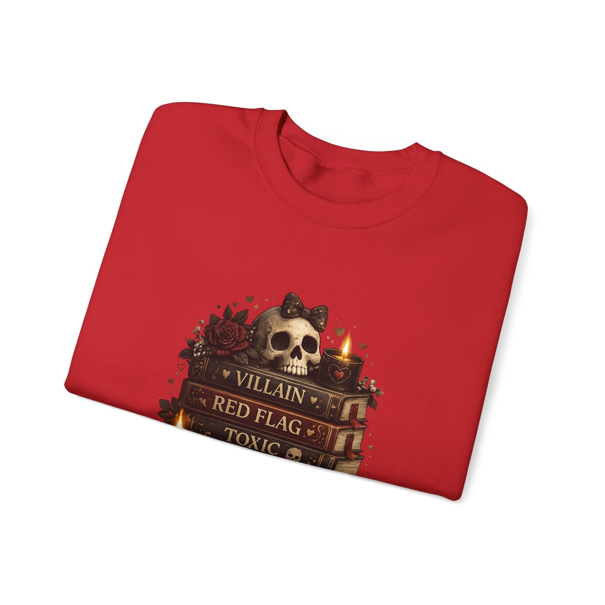 Crewneck Sweatshirt - "Just My Type" Stacked Books & Skull Gothic Design