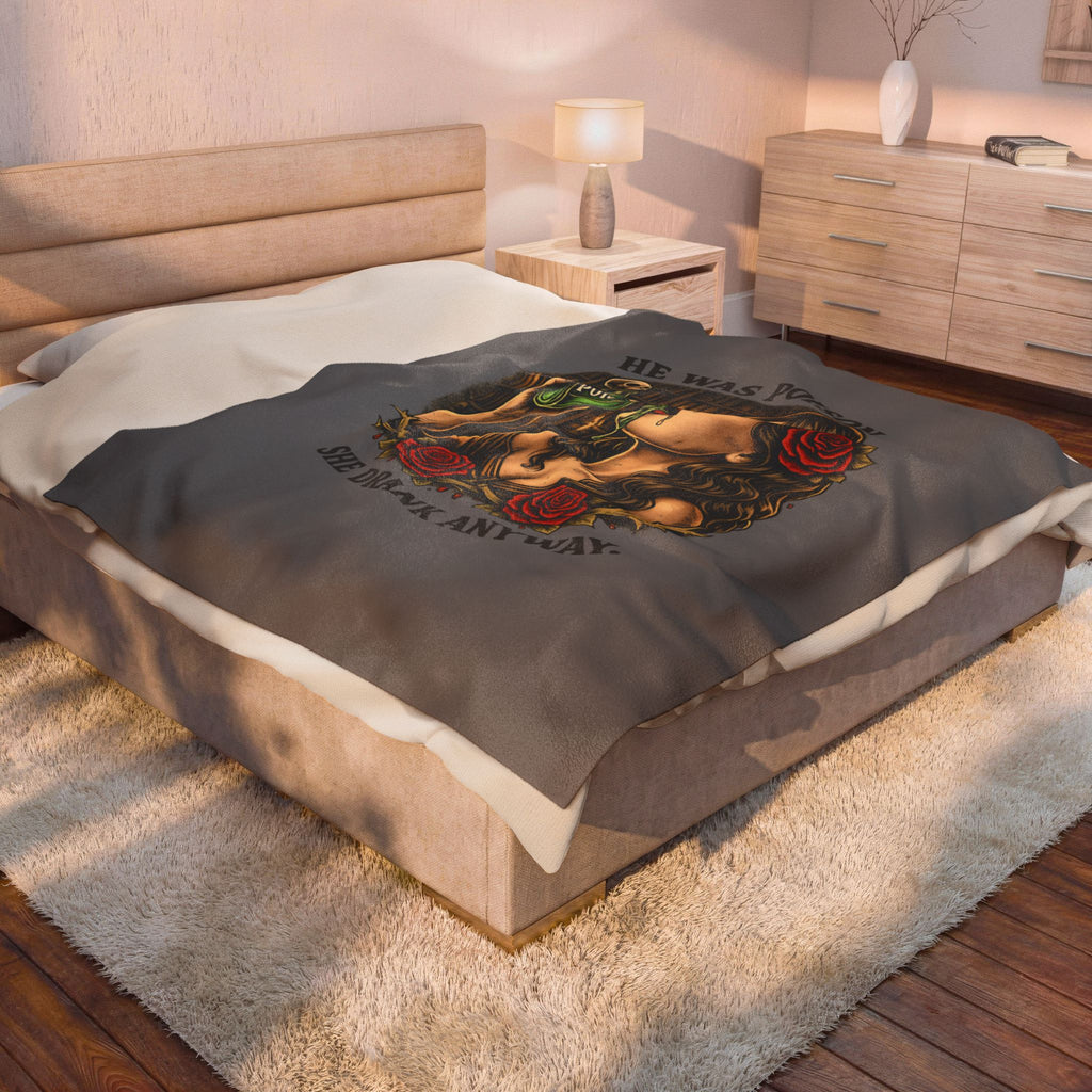 Velveteen Plush Blanket — “He Was Poison, She Drank Anyway” Gothic Rose Throw