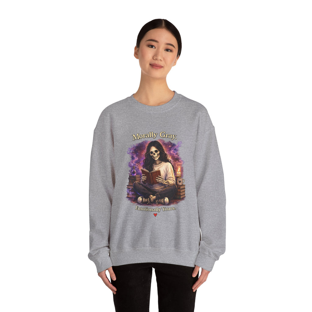 Skull Reader Sweatshirt — 'Morally Grey, Academically Blessed' Gothic Crewneck