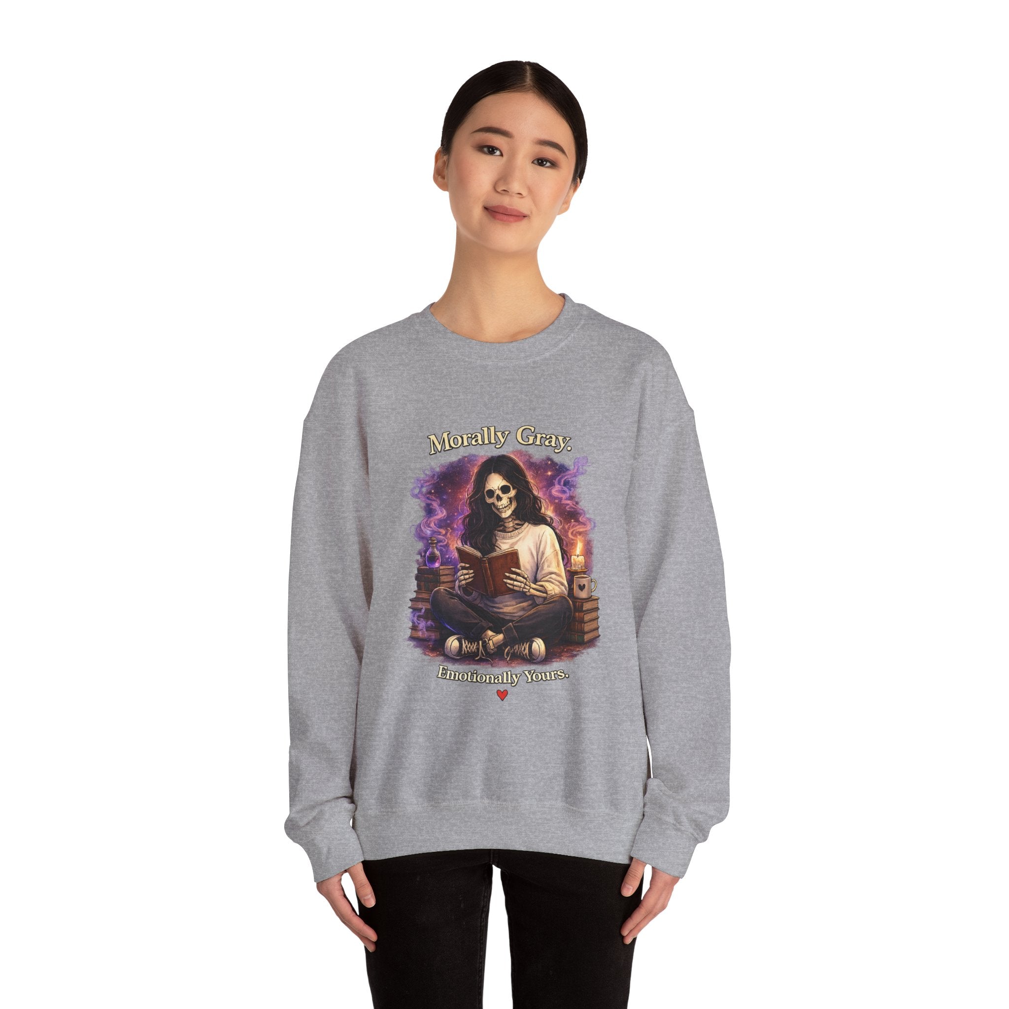 Skull Reader Sweatshirt — 'Morally Grey, Academically Blessed' Gothic Crewneck