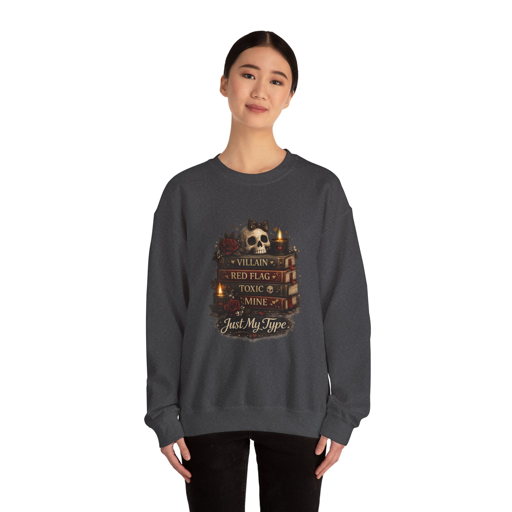 Crewneck Sweatshirt - "Just My Type" Stacked Books & Skull Gothic Design