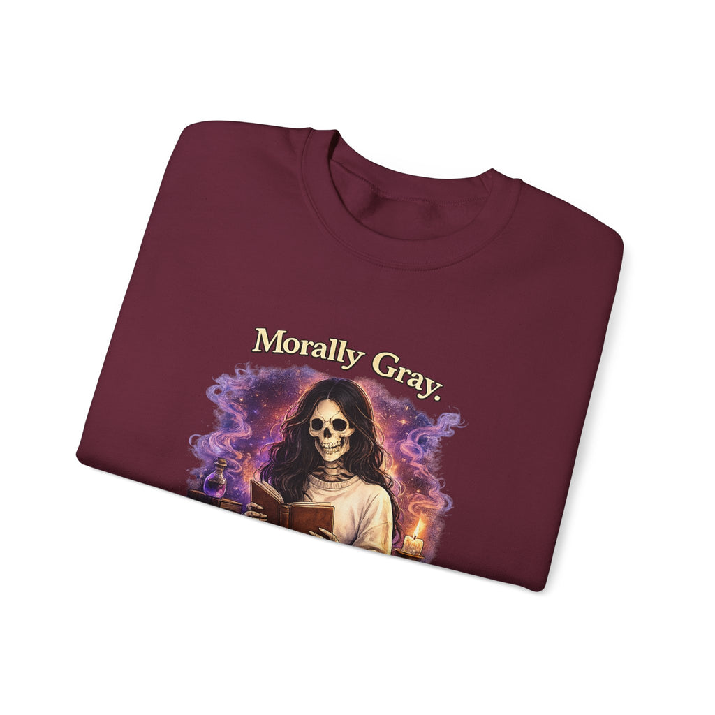 Skull Reader Sweatshirt — 'Morally Grey, Academically Blessed' Gothic Crewneck