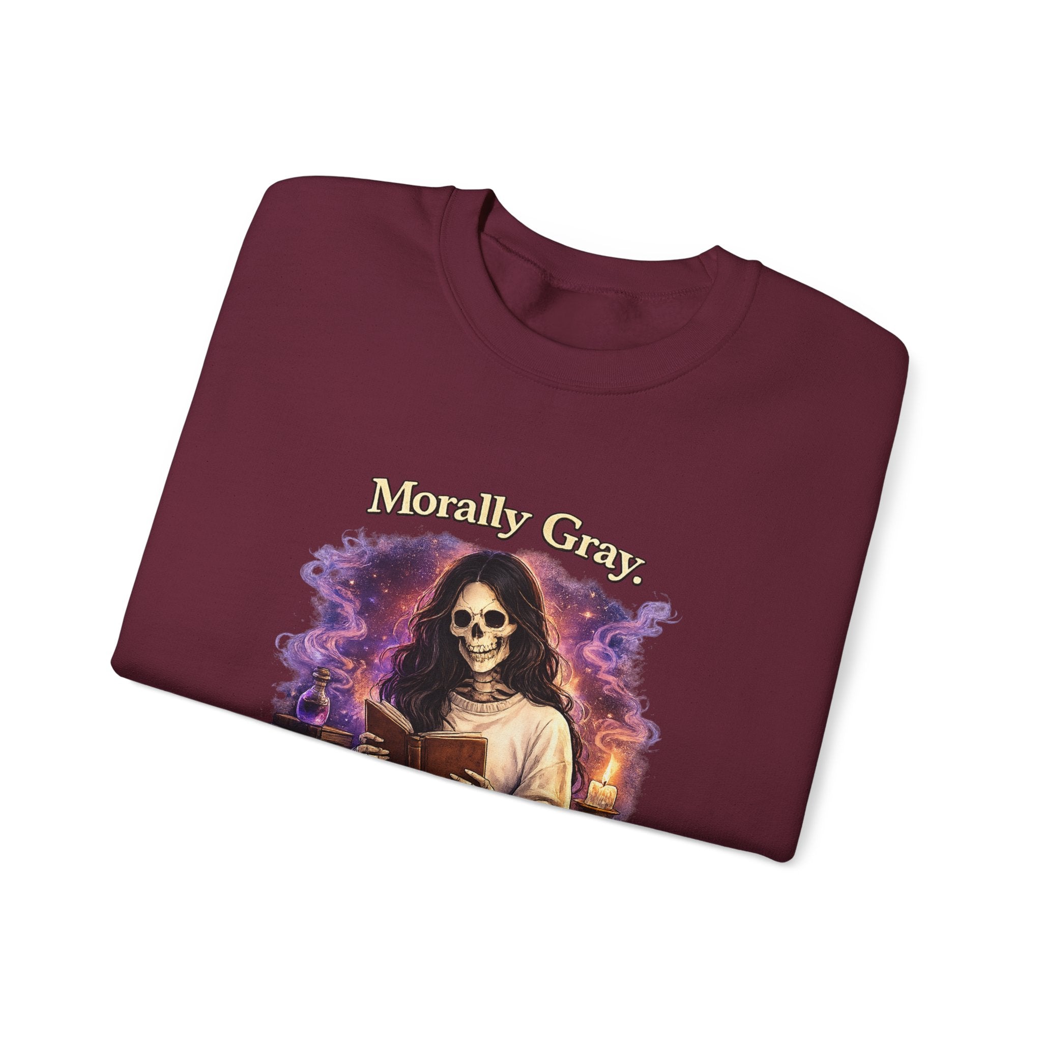 Skull Reader Sweatshirt — 'Morally Grey, Academically Blessed' Gothic Crewneck