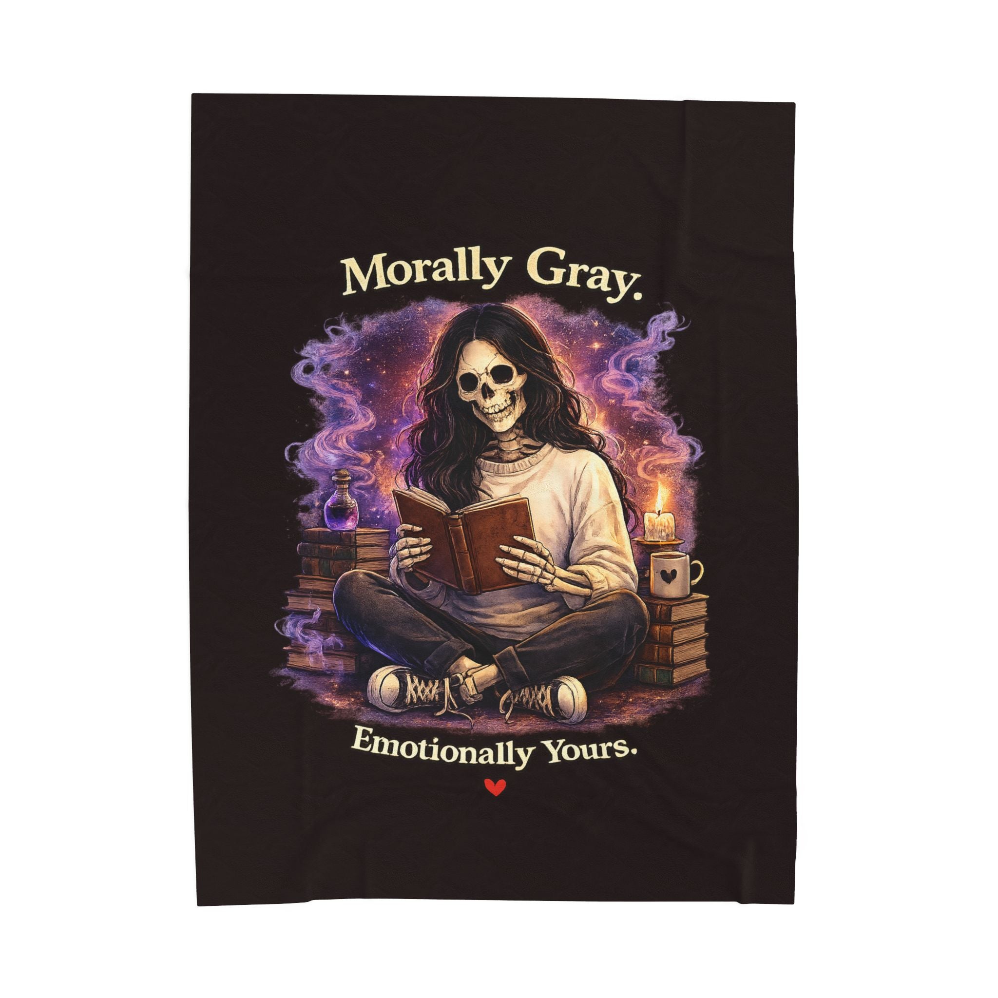 “Morally Gray, Emotionally Yours” Plush Blanket – Gothic Skeleton Reading Velveteen Throw